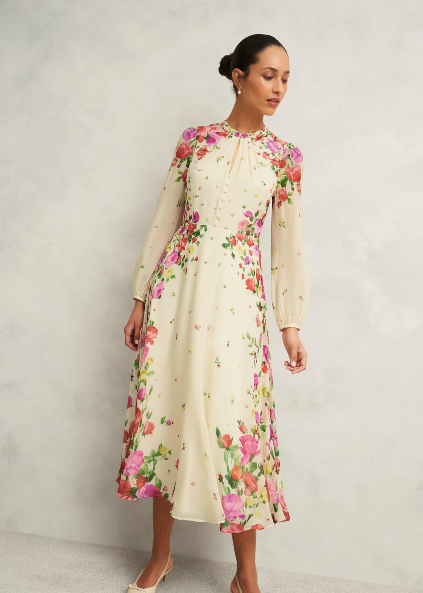 Eva Floral Silk Dress, Cream Multi, hi-res