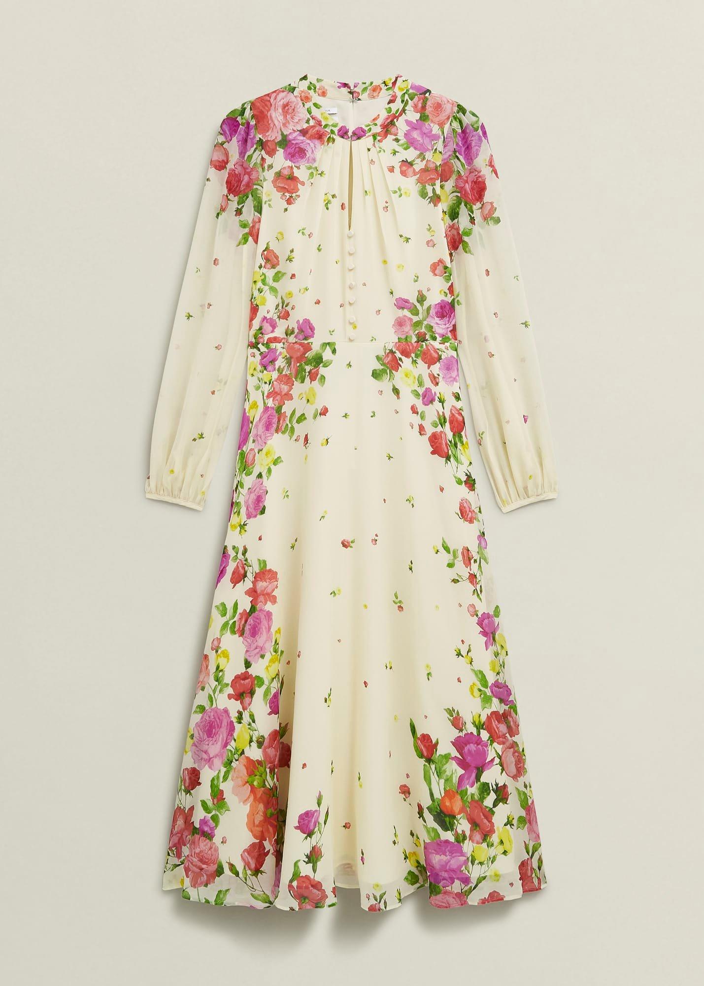 Petite Eva Floral Silk Dress, Cream Multi, hi-res