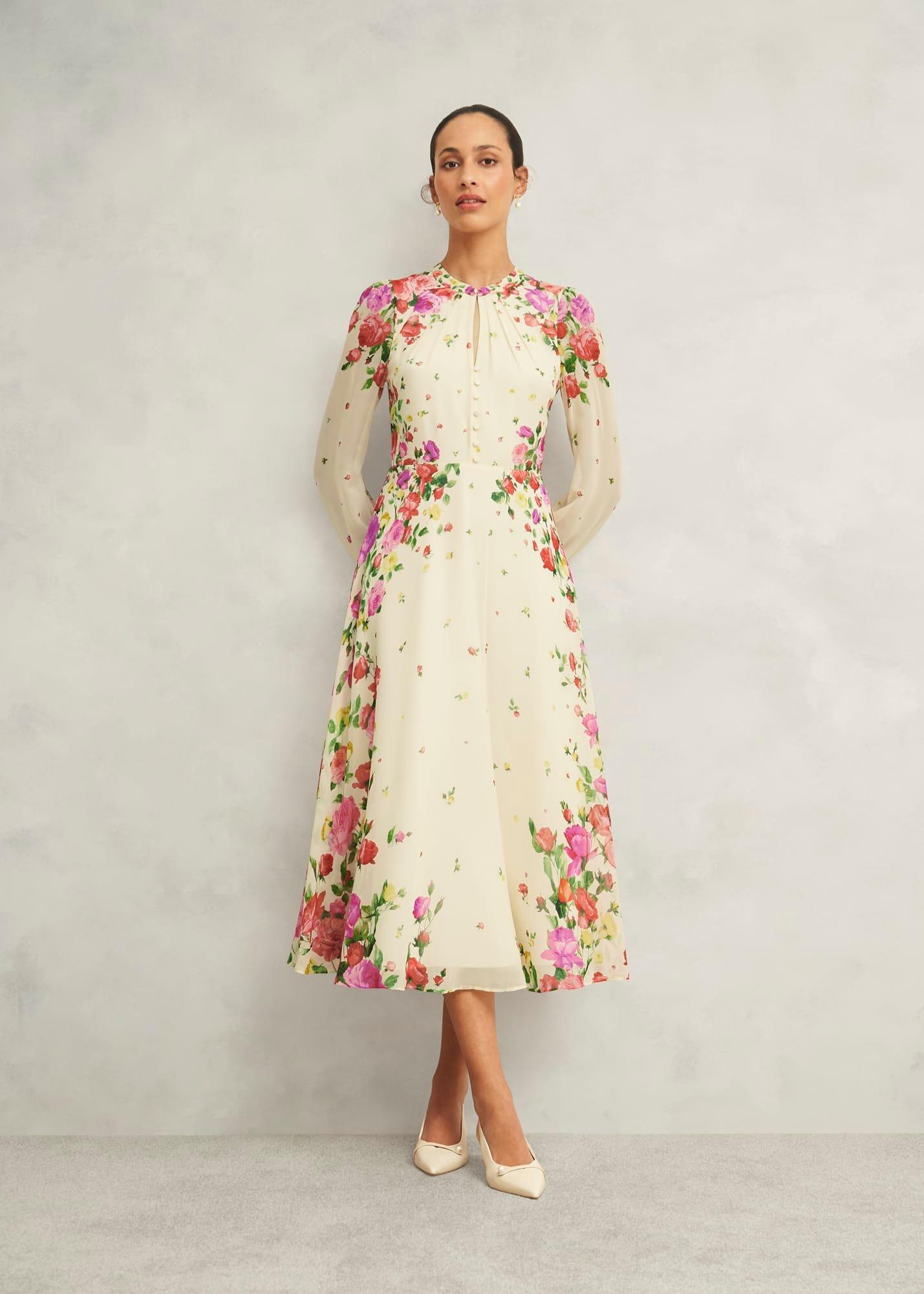 Petite Eva Floral Silk Dress, Cream Multi, hi-res