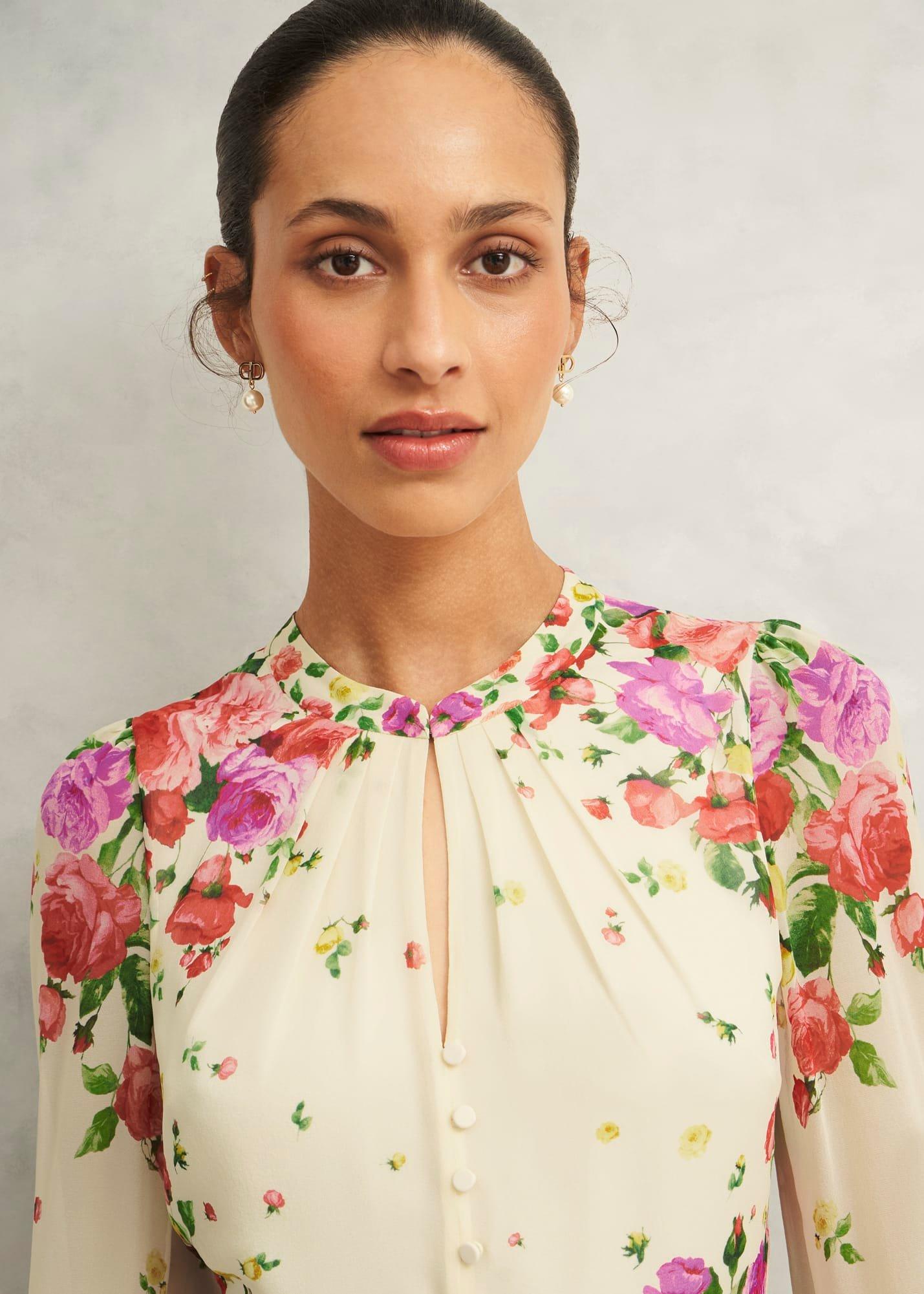 Petite Eva Floral Silk Dress, Cream Multi, hi-res