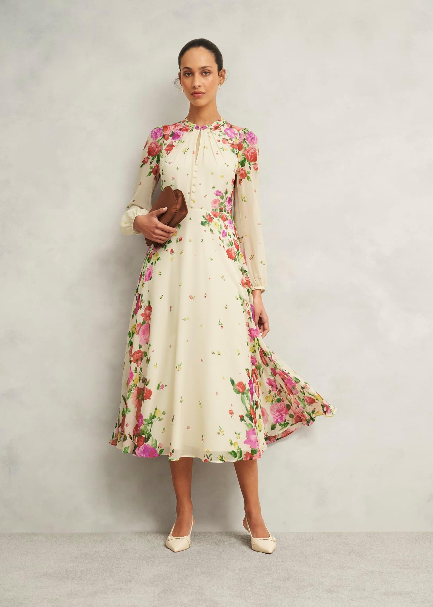 Petite Eva Floral Silk Dress, Cream Multi, hi-res