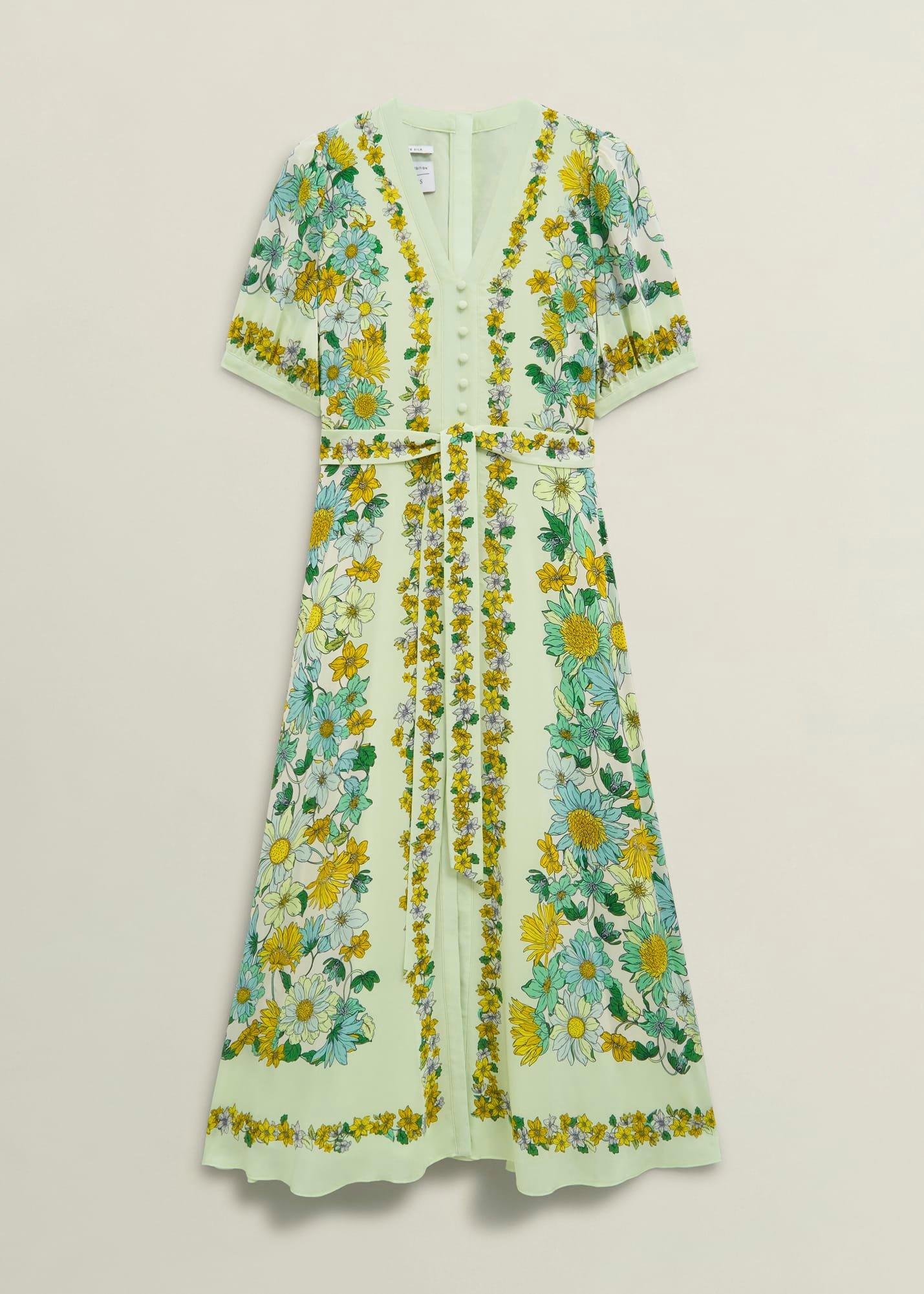 Ince Silk V Neck Floral Dress, Green Multi, hi-res