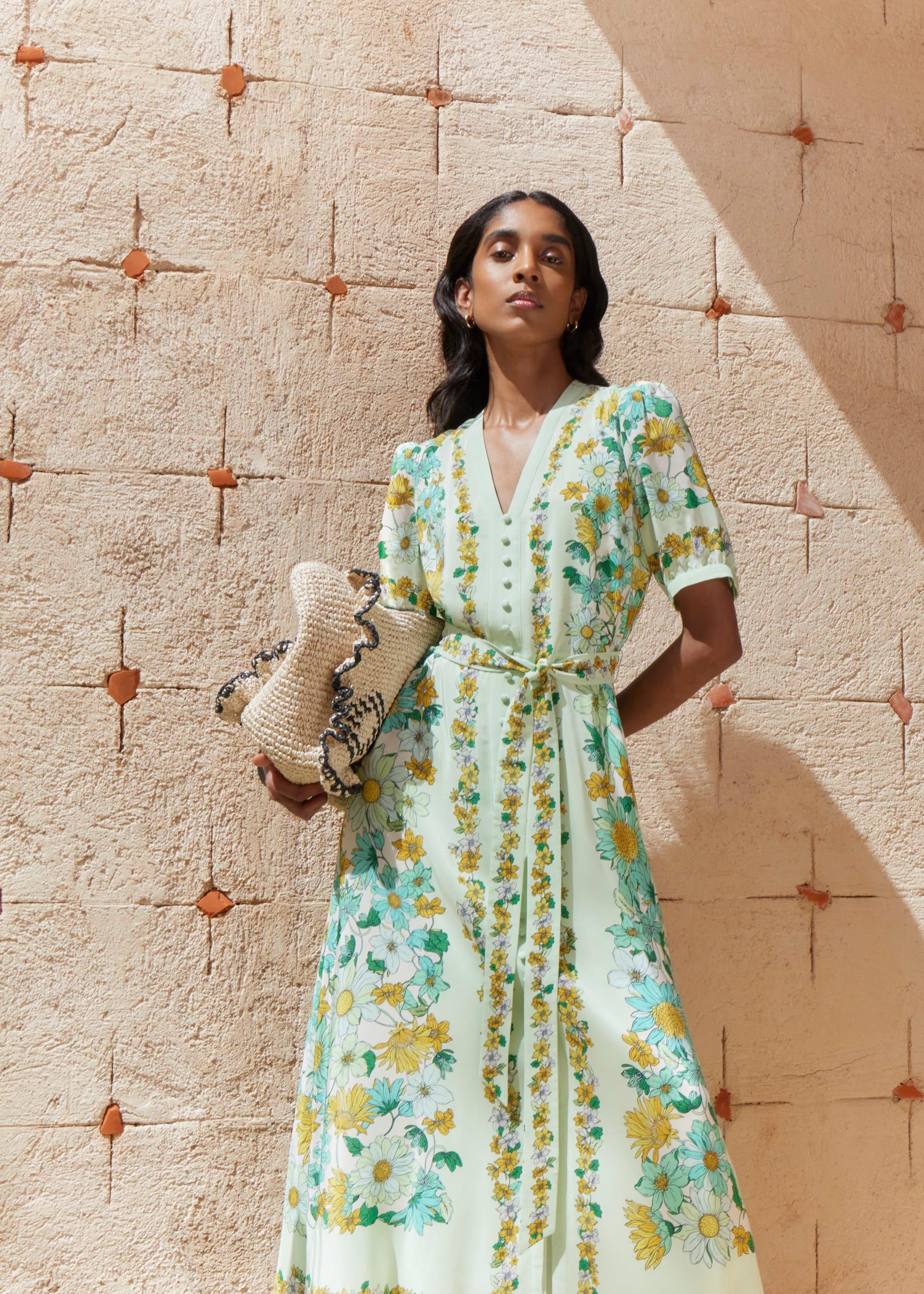 Ince Silk V Neck Floral Dress, Green Multi, hi-res