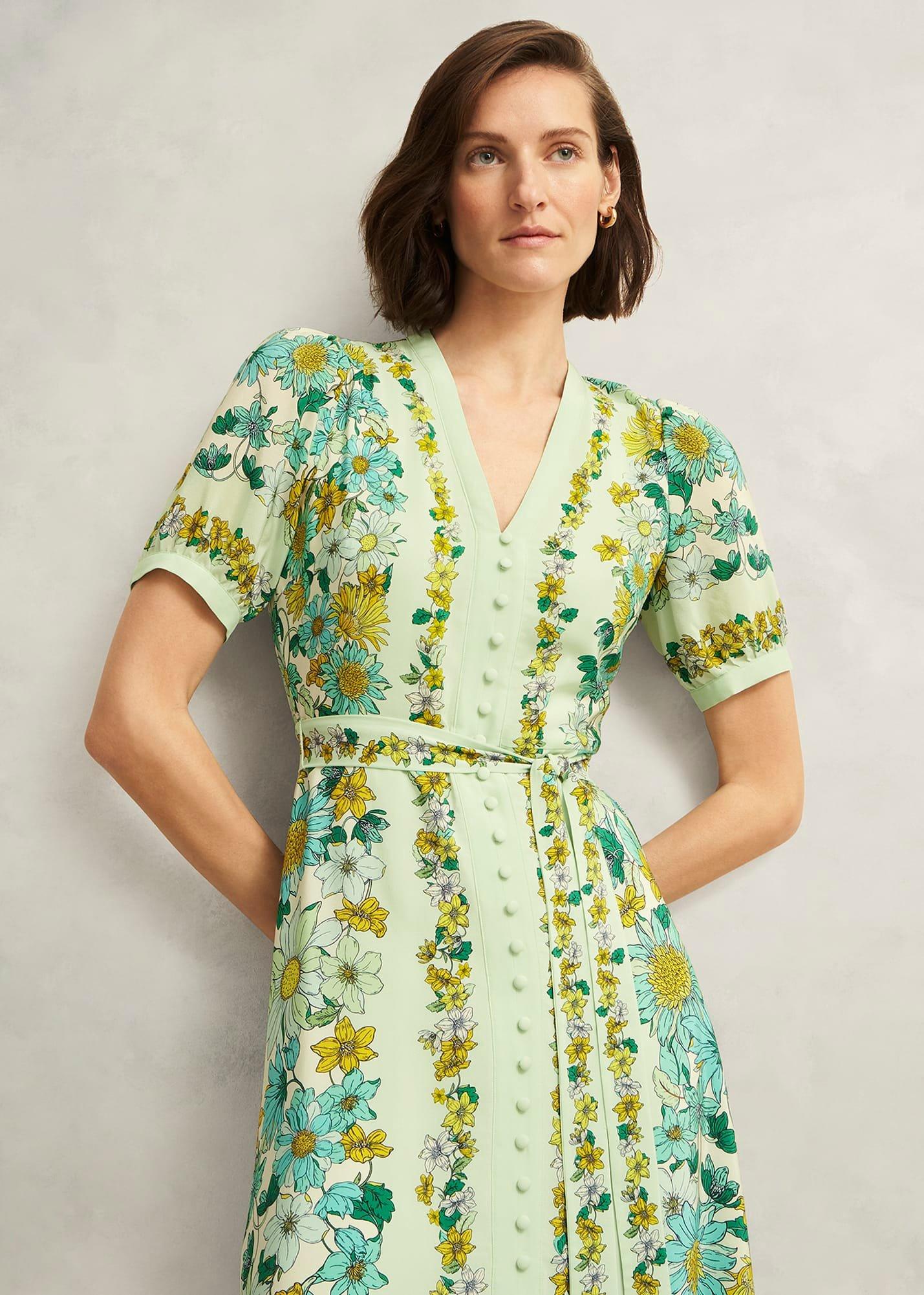 Ince Silk V Neck Floral Dress, Green Multi, hi-res