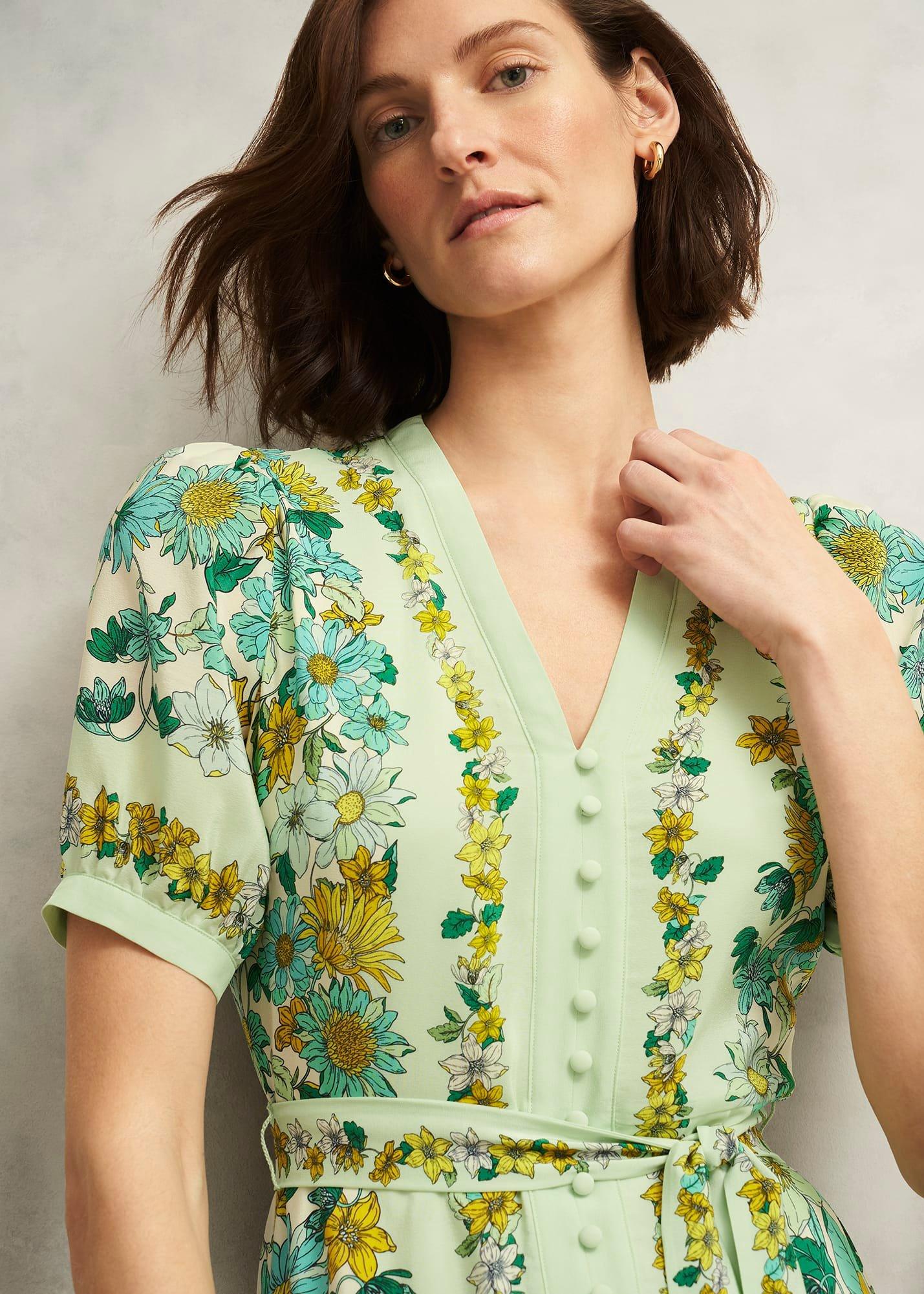 Ince Silk V Neck Floral Dress, Green Multi, hi-res