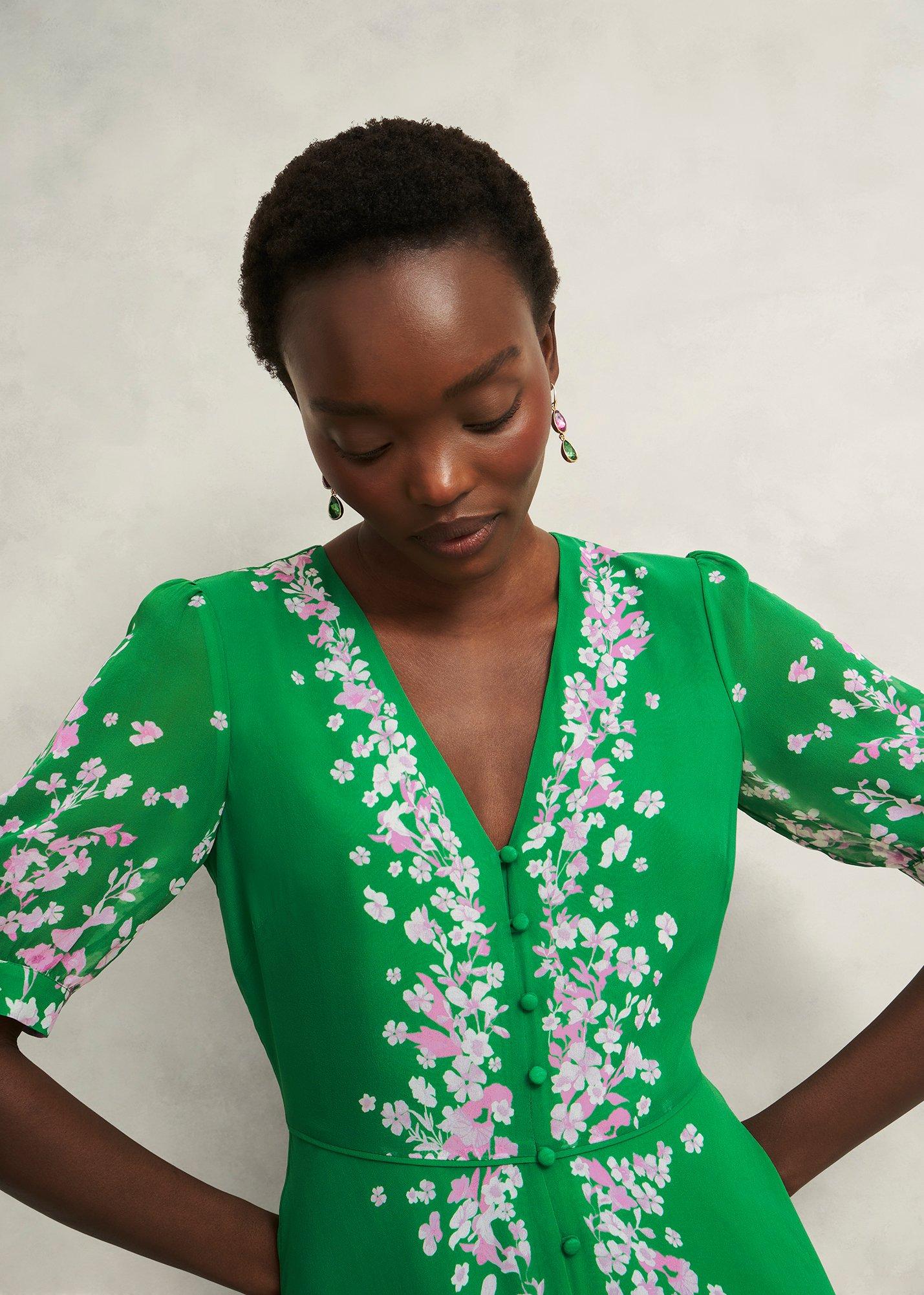 Ana Silk Floral Dress, Green Pink, hi-res