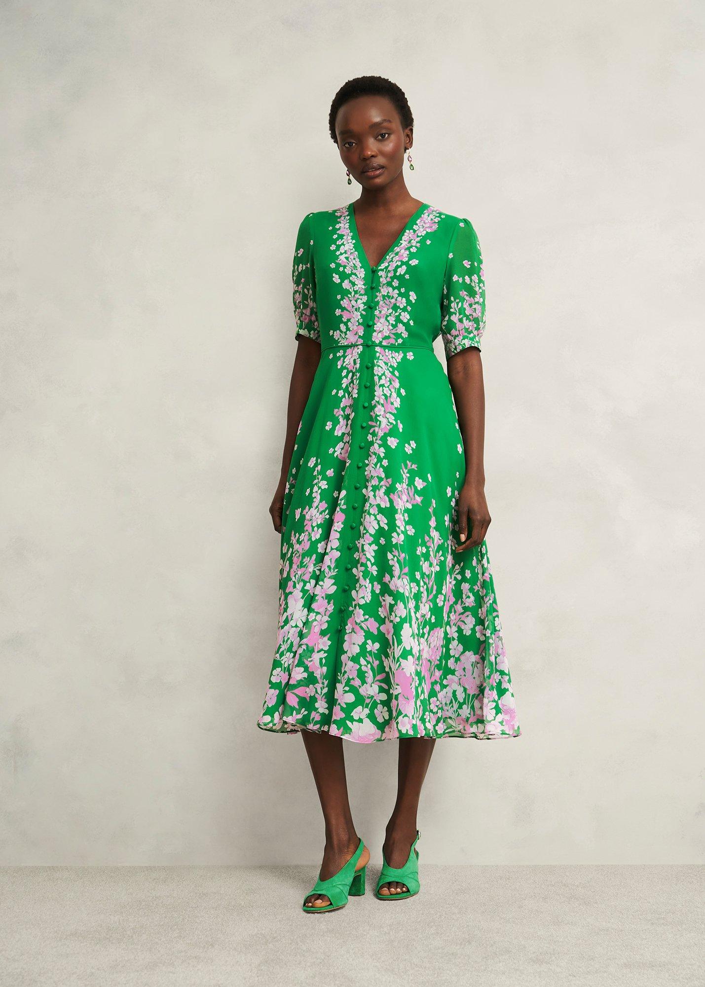 Ana Silk Floral Dress, Green Pink, hi-res