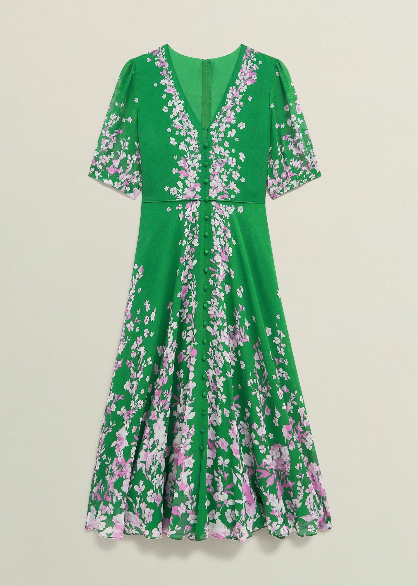Petite Ana Silk Floral Dress, Green Pink, hi-res