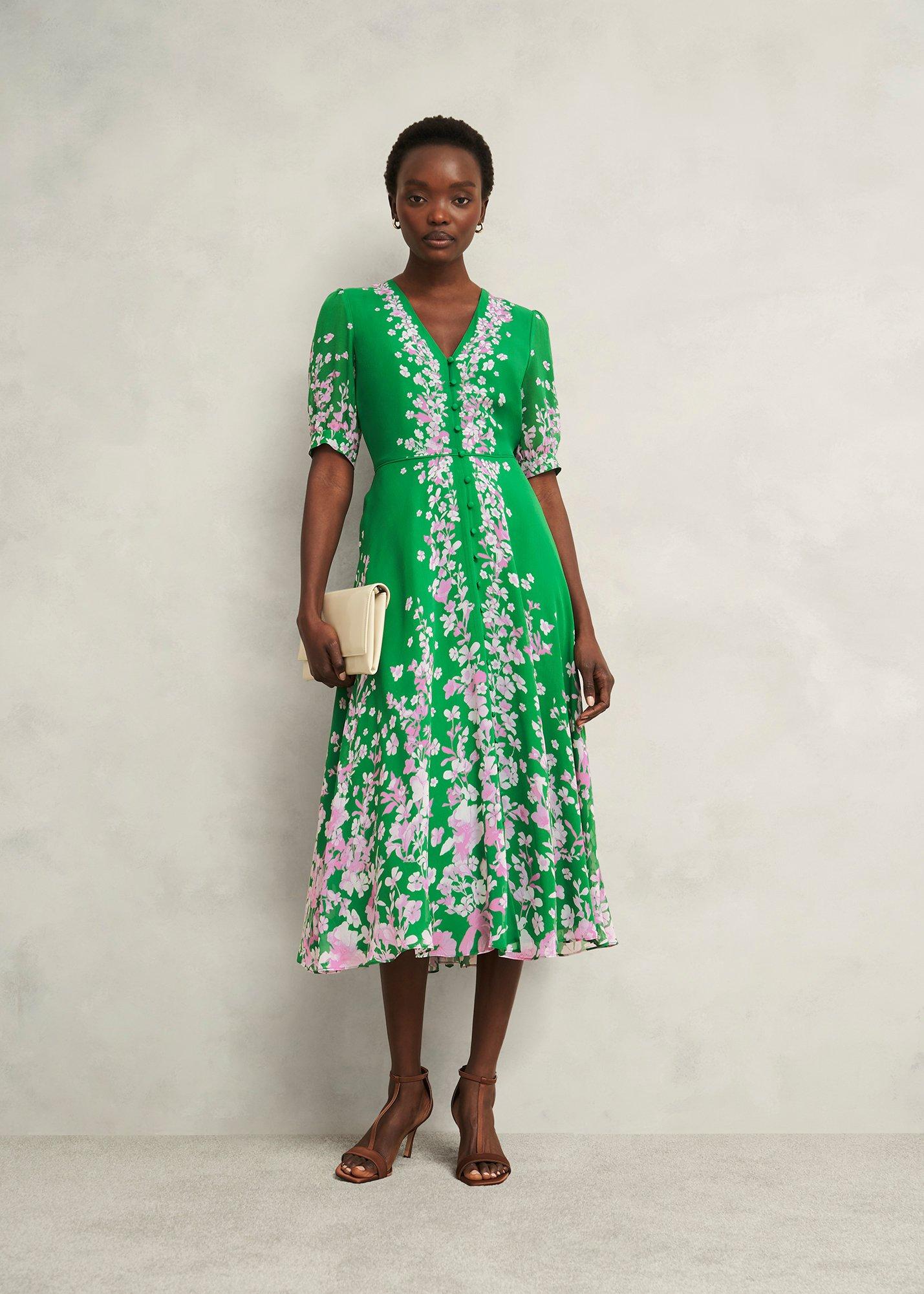 Petite Ana Silk Floral Dress, Green Pink, hi-res