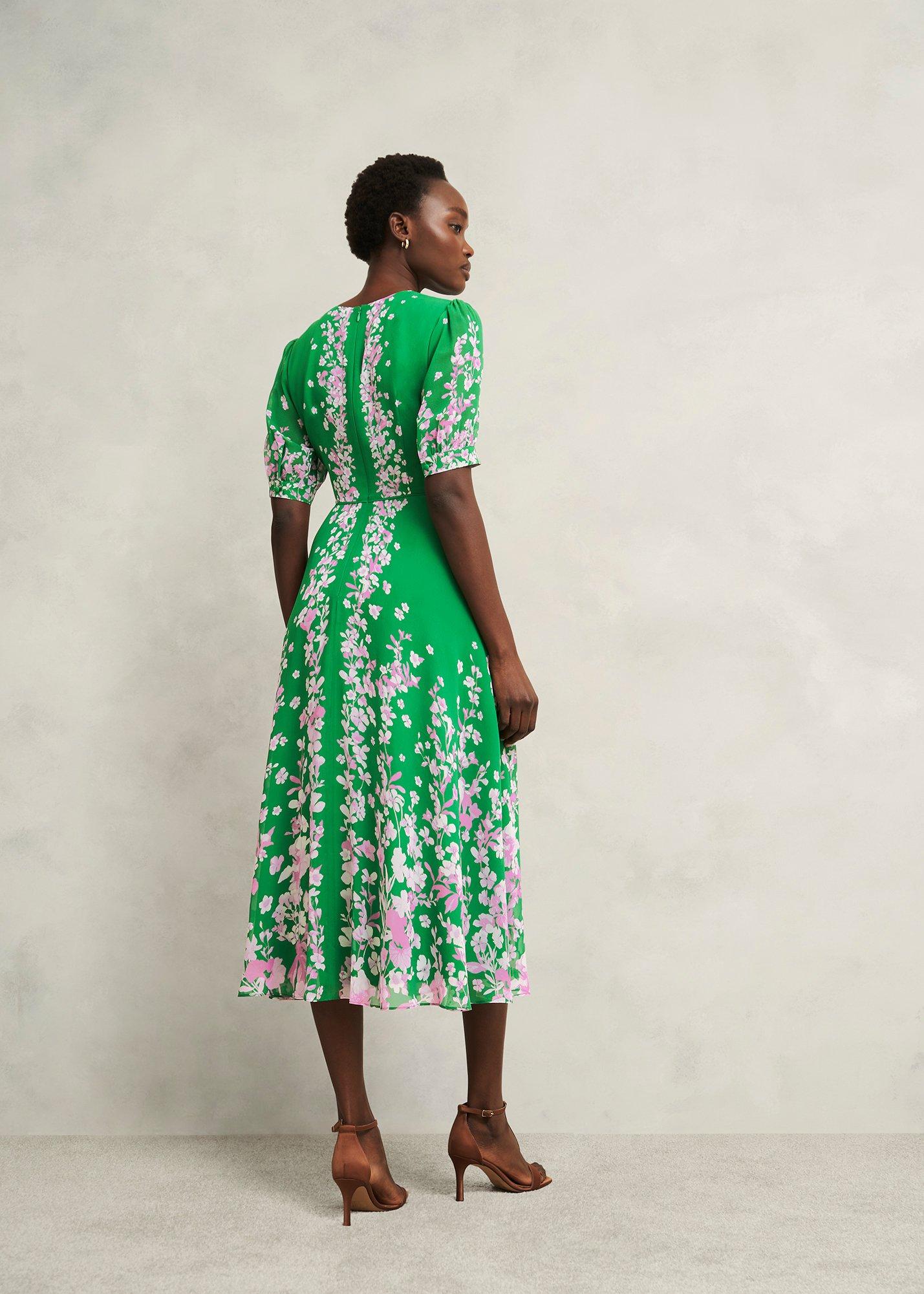 Petite Ana Silk Floral Dress, Green Pink, hi-res