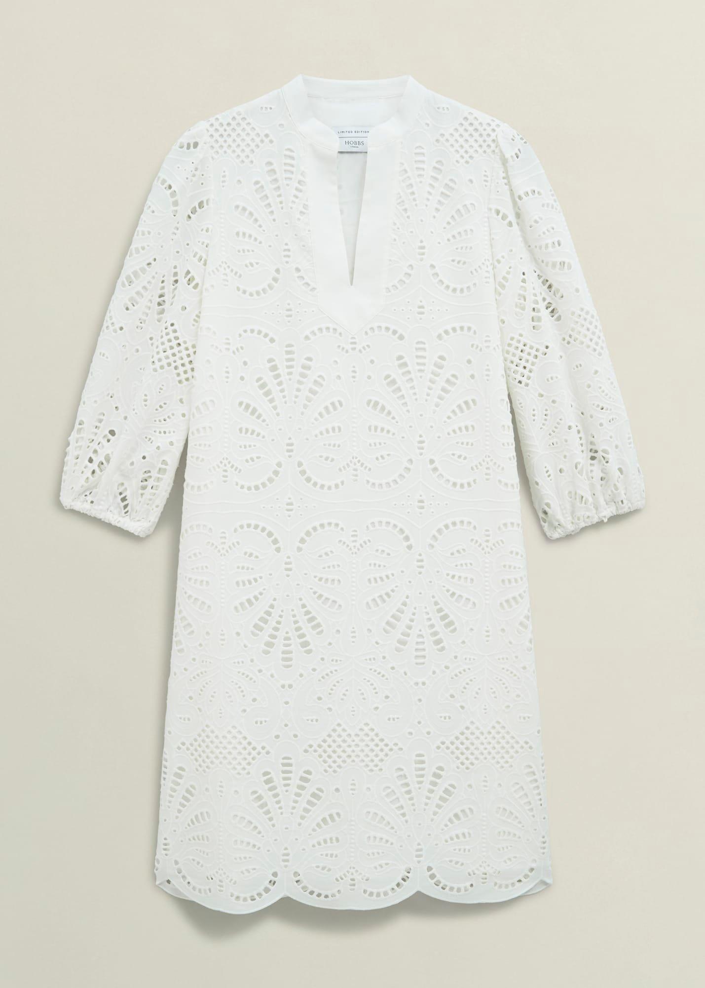 White Easedale Cotton Broderie Dress, Hobbs White, hi-res