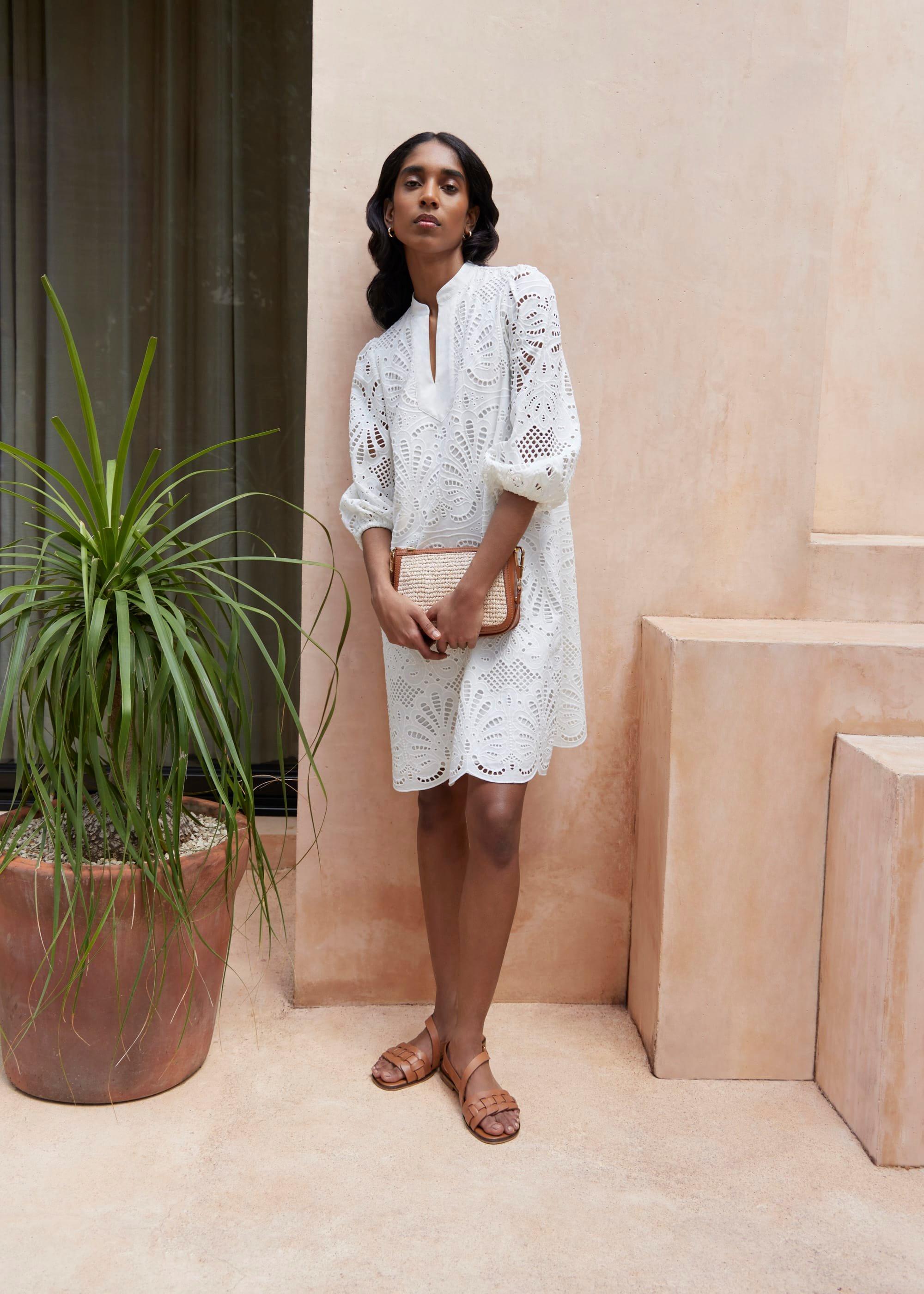 White Easedale Cotton Broderie Dress, Hobbs White, hi-res