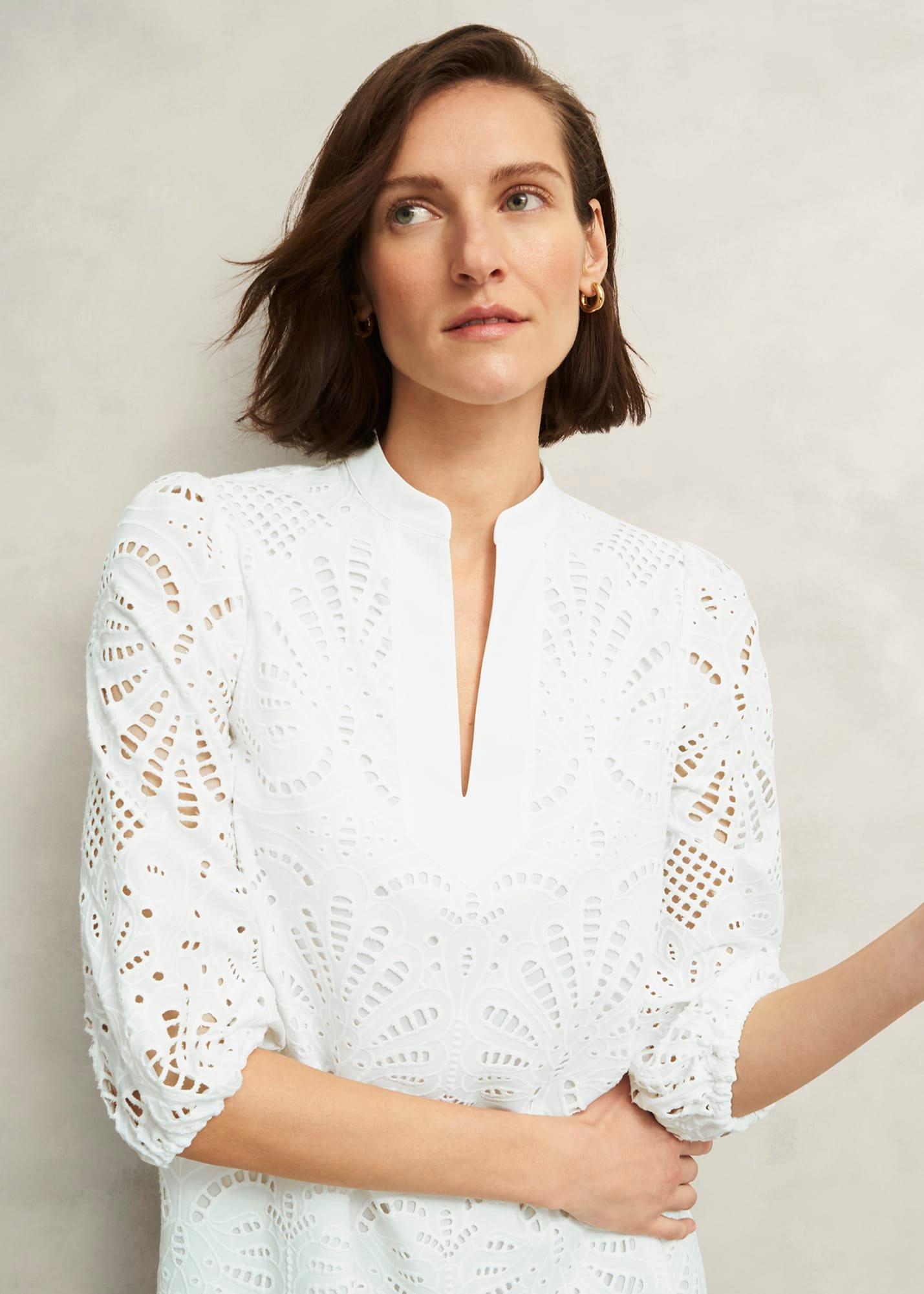 White Easedale Cotton Broderie Dress, Hobbs White, hi-res