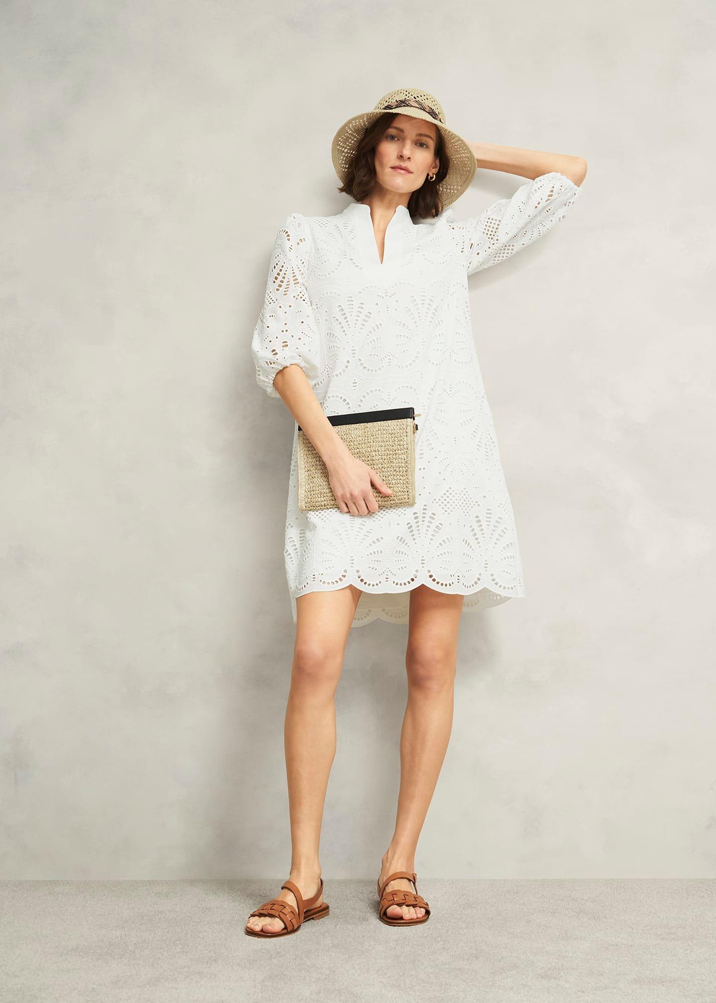 White Easedale Cotton Broderie Dress, Hobbs White, hi-res