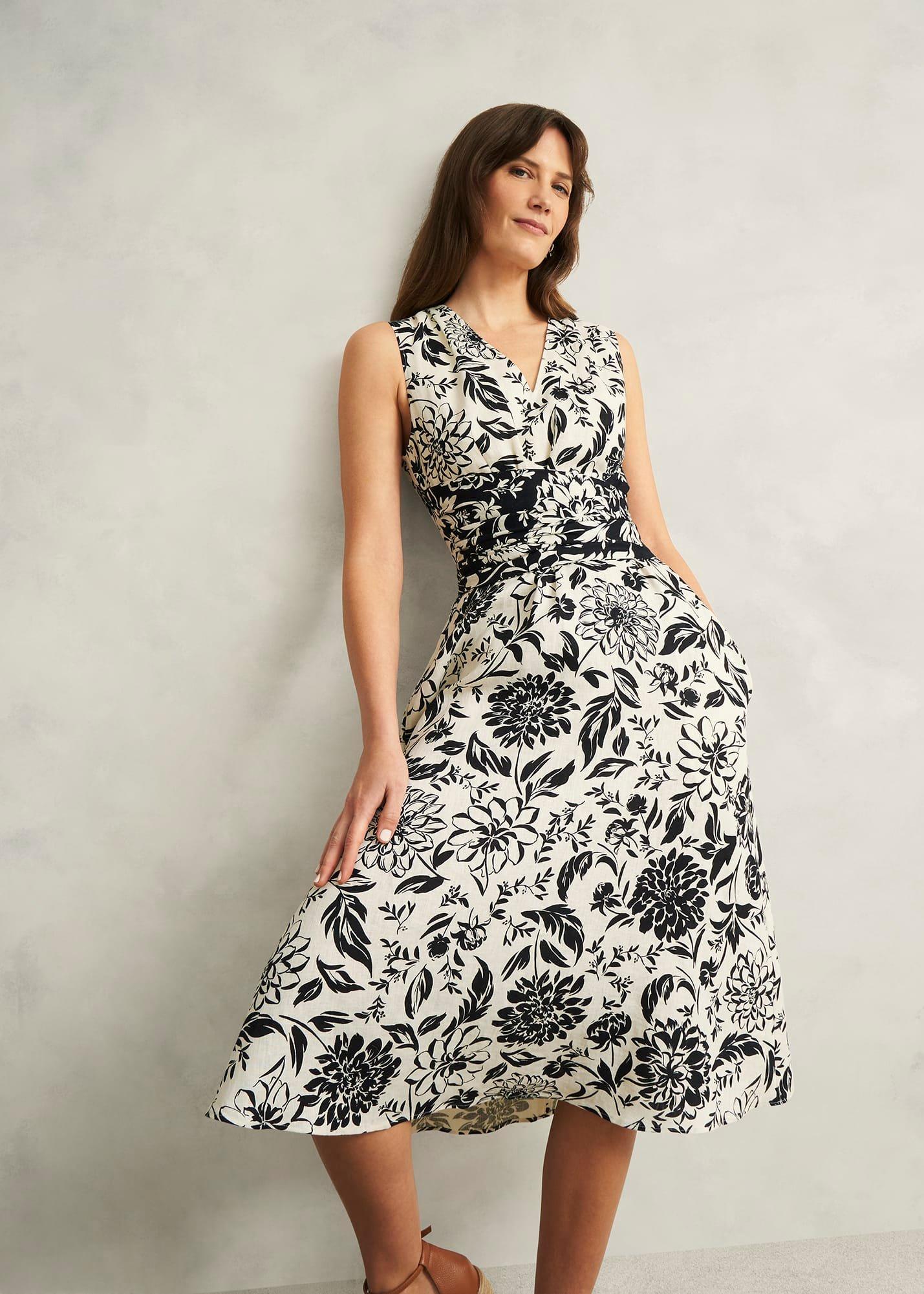 Teagan Linen Dress, Ivory Navy, hi-res