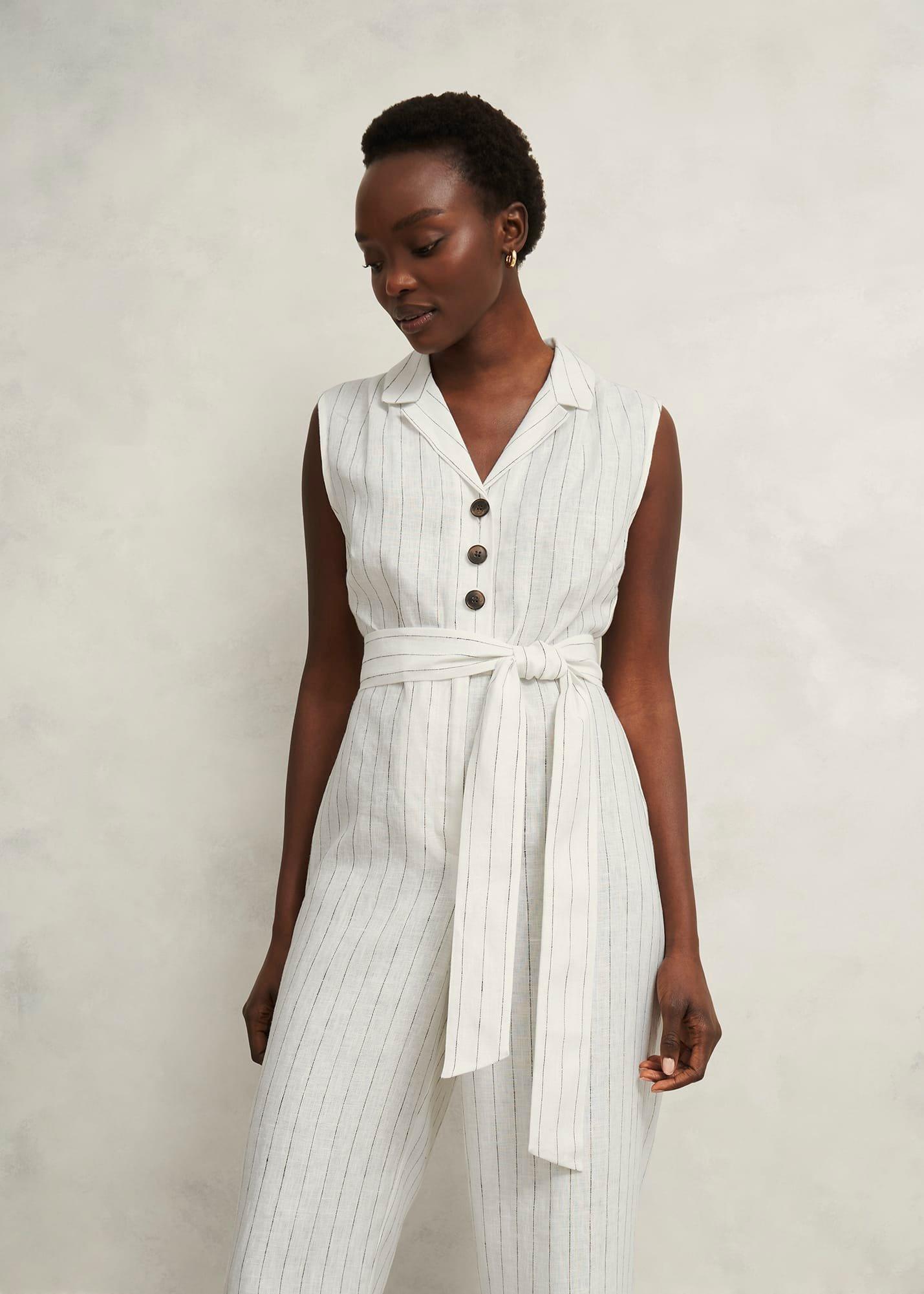 Destiny Linen Jumpsuit, Ivory Navy, hi-res