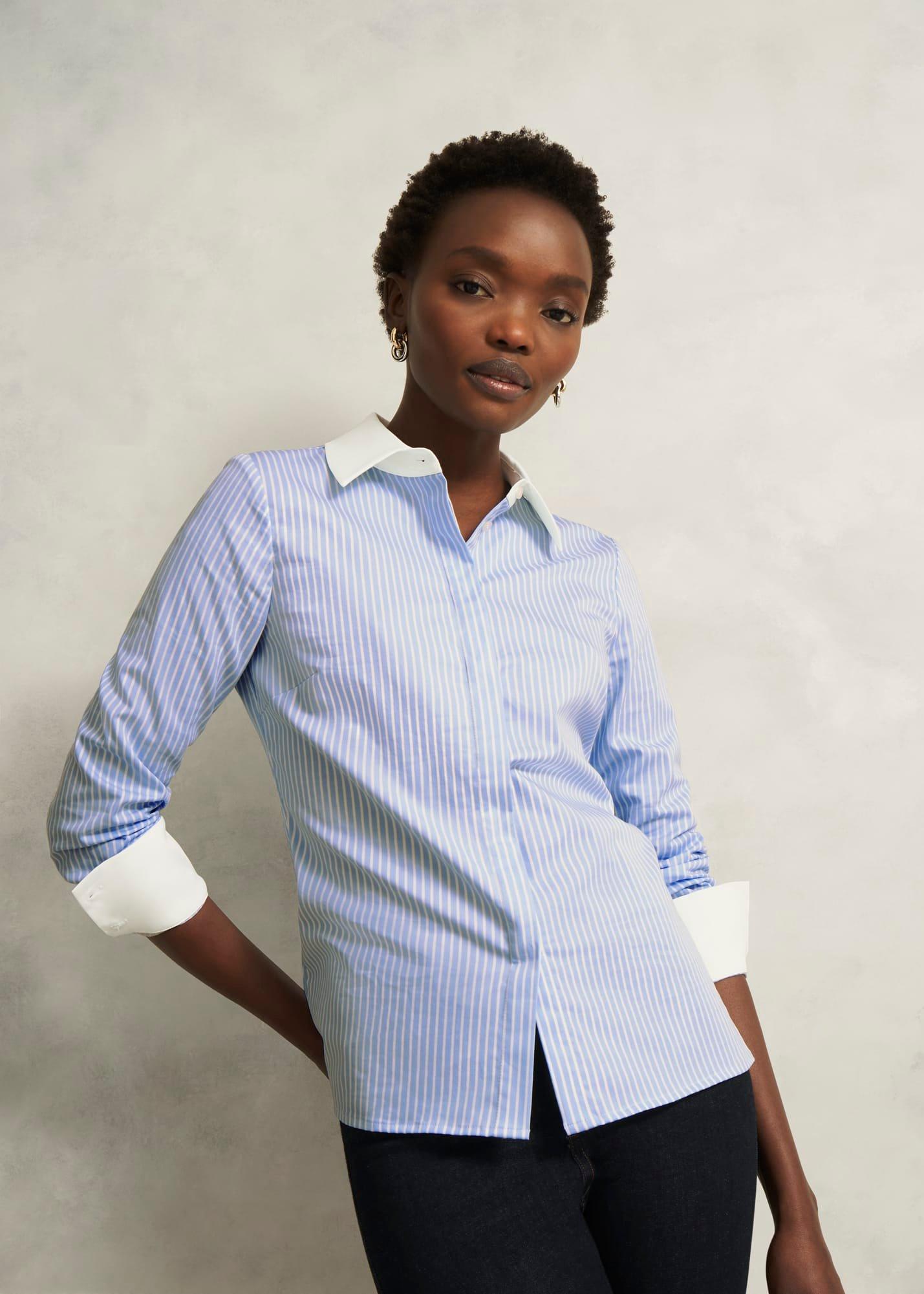 Victoria Cotton Blend Shirt, Pale Blue White, hi-res