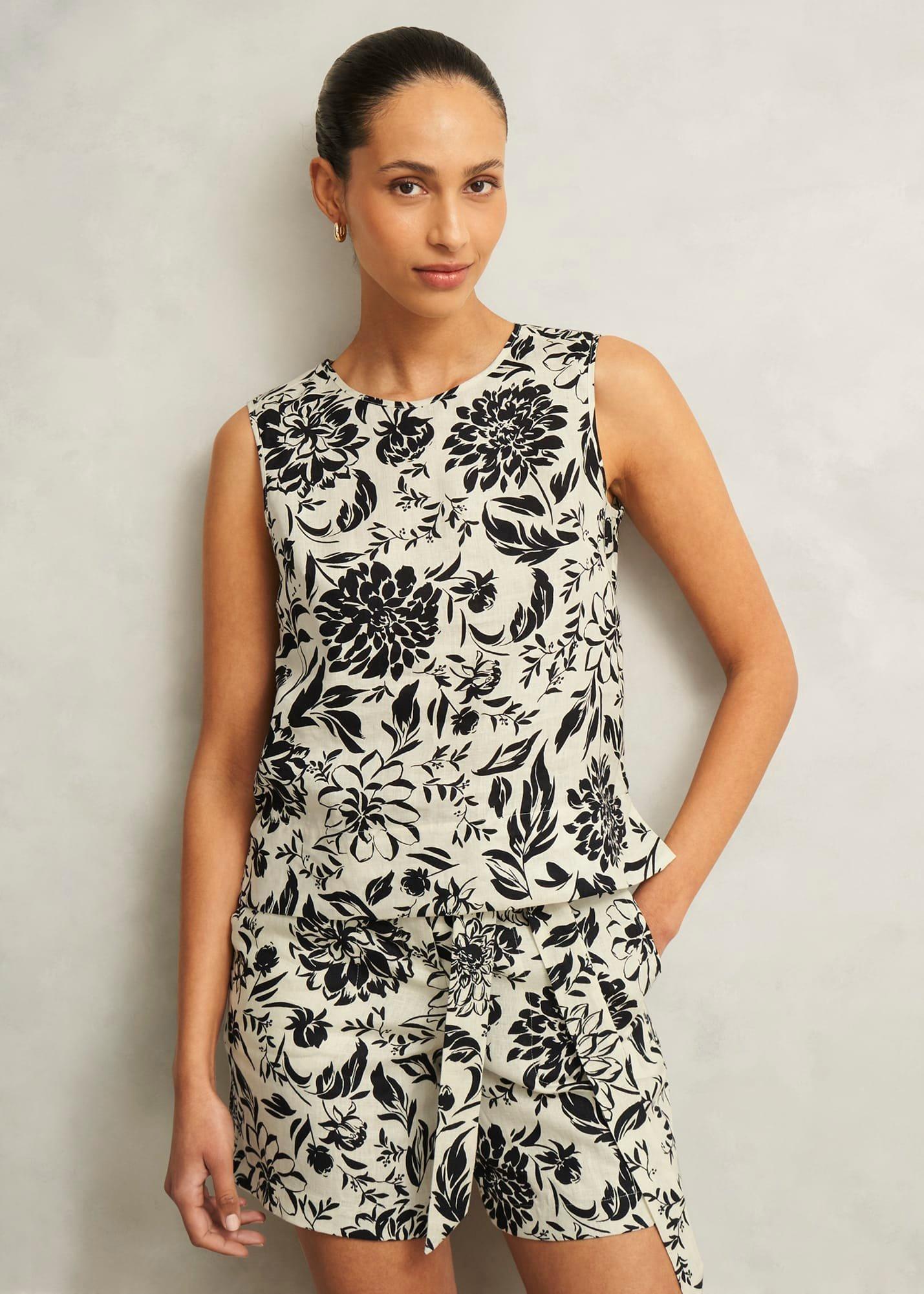 Maura Linen Top, Cream Navy, hi-res