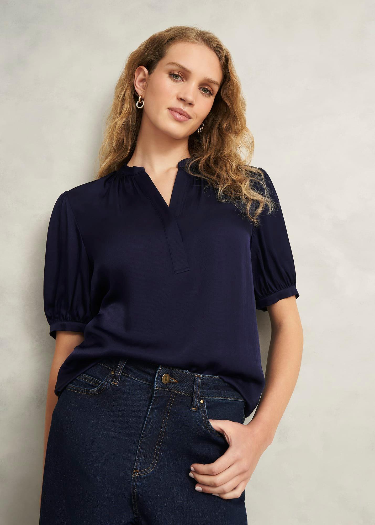 Anastasia Satin Blouse, Midnight, hi-res