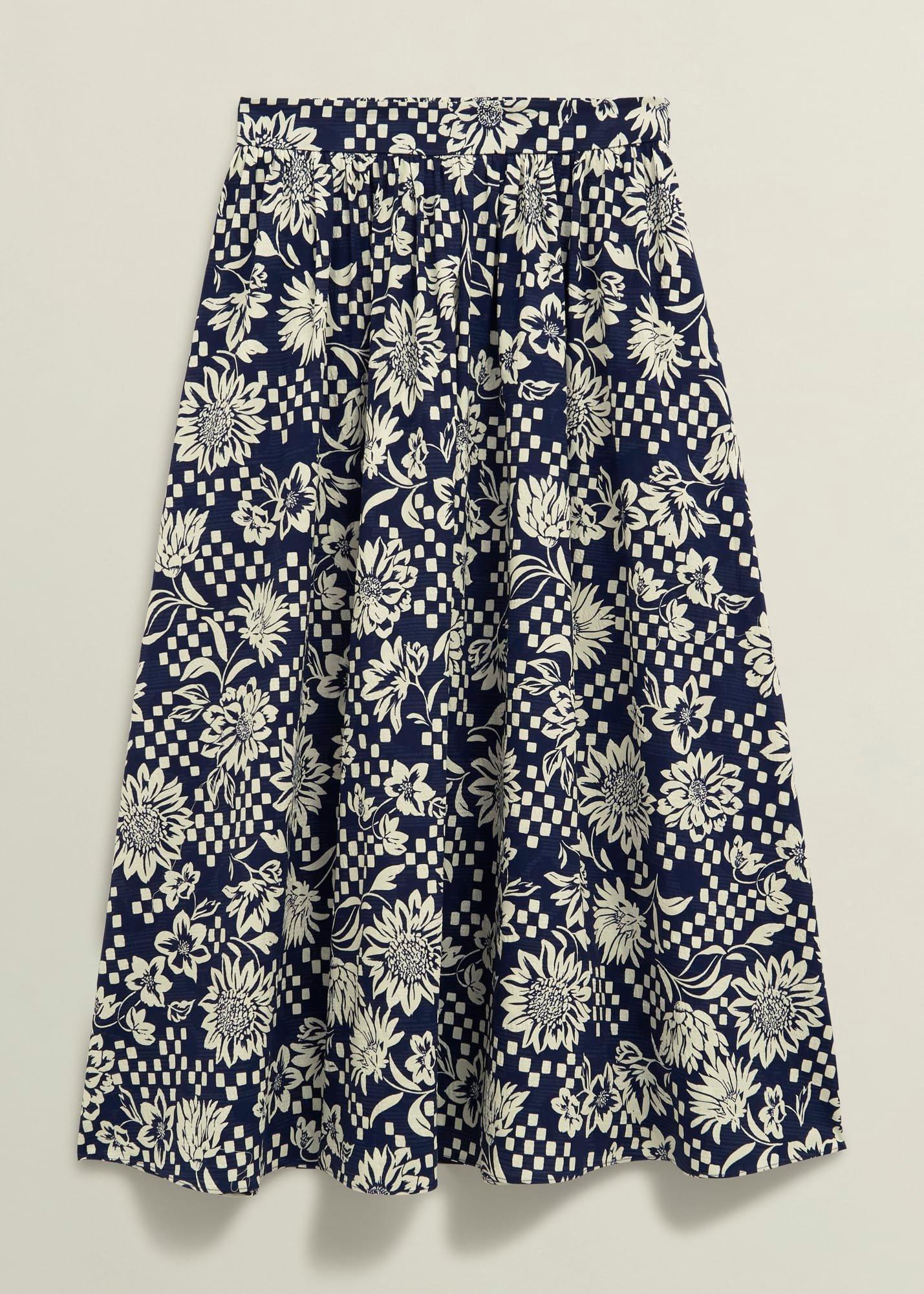 Rousham Cotton Midi Skirt, Navy Cream, hi-res