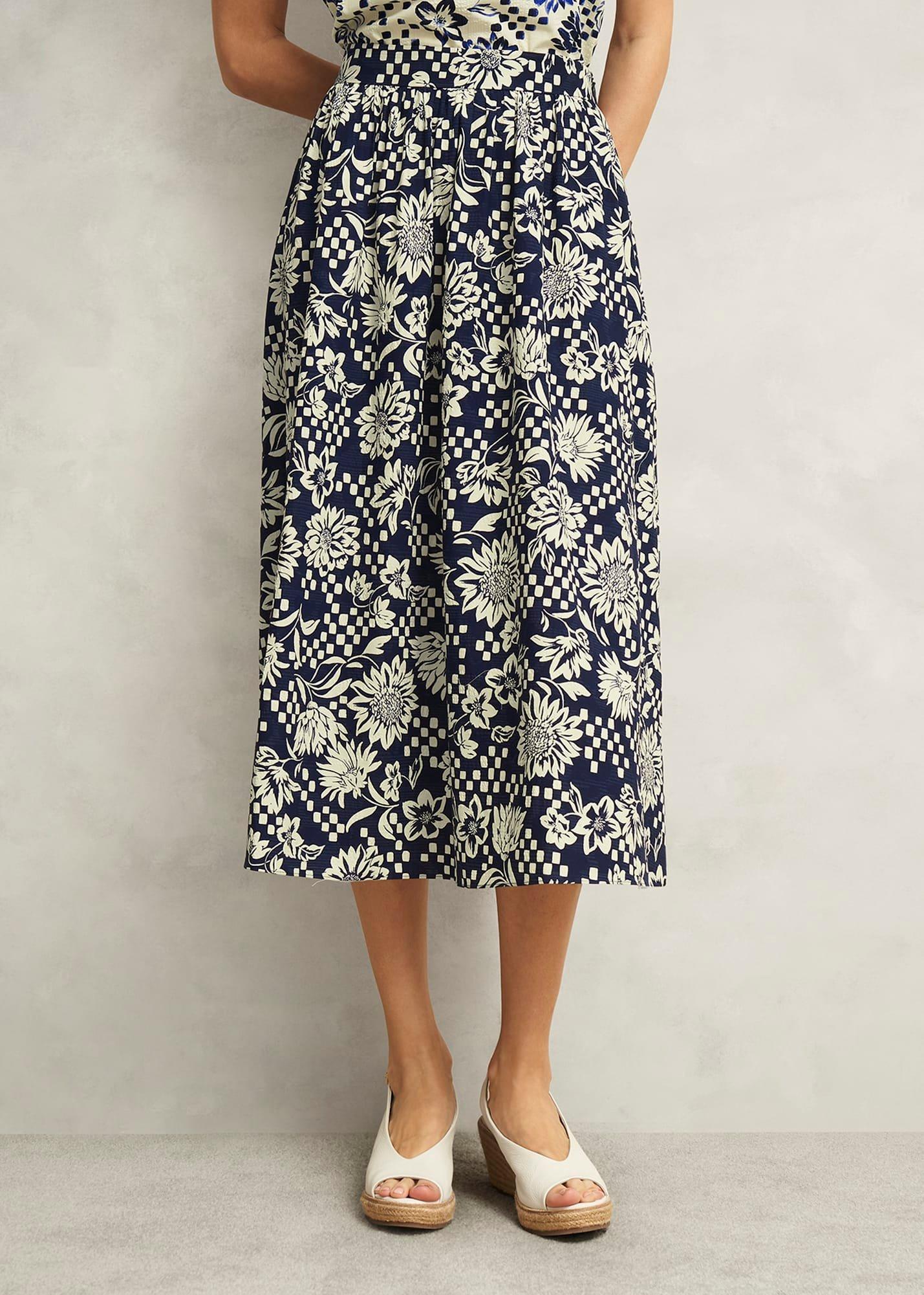 Rousham Cotton Midi Skirt, Navy Cream, hi-res