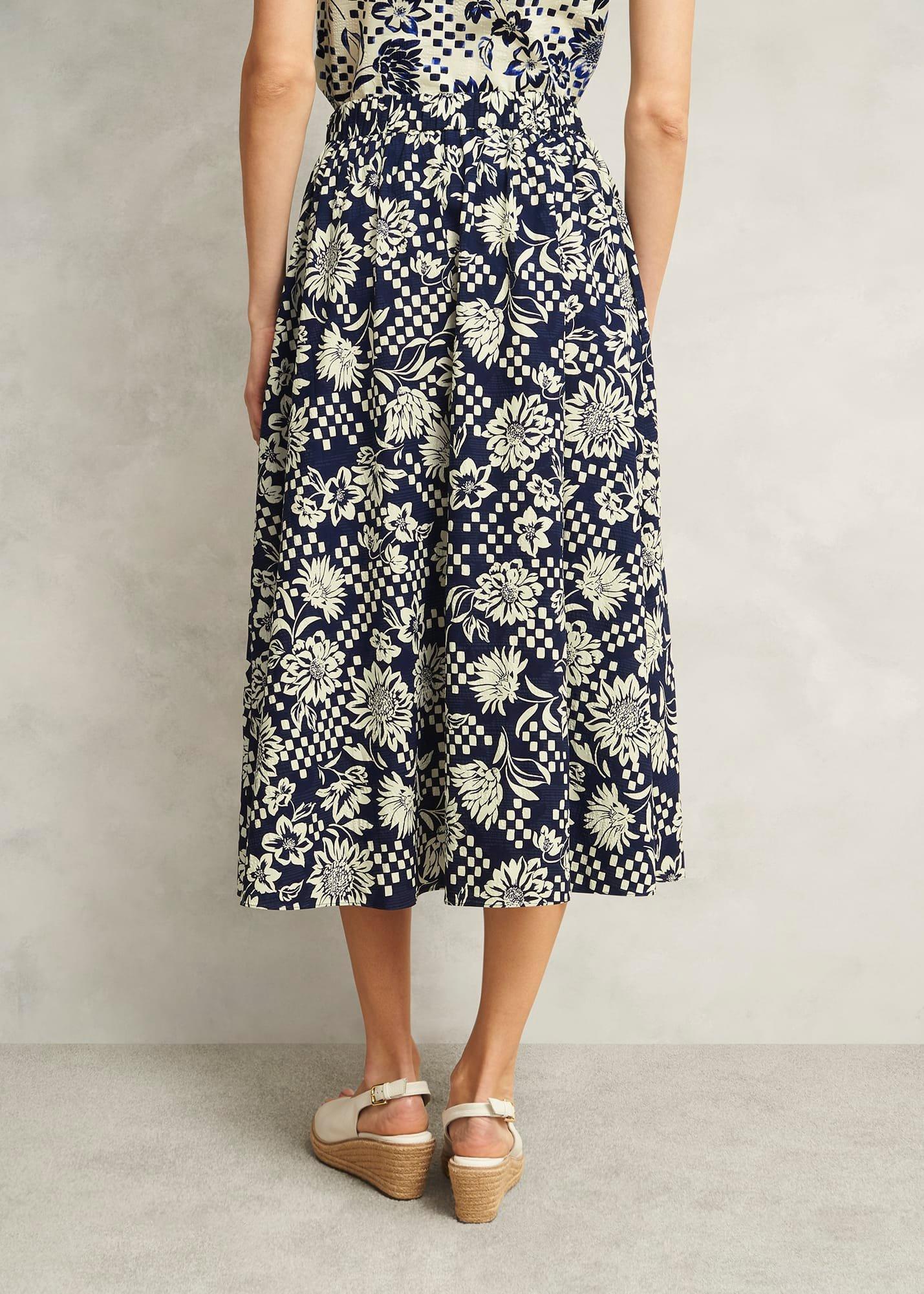 Rousham Cotton Midi Skirt, Navy Cream, hi-res