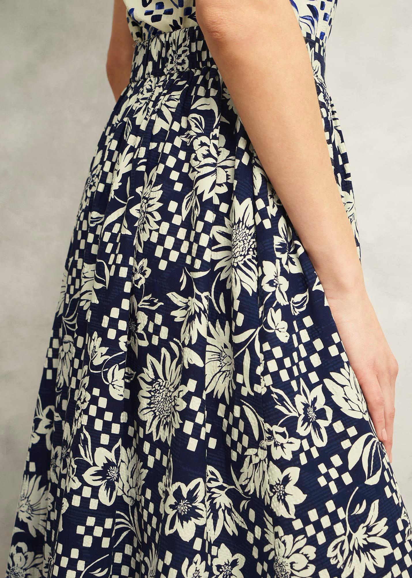 Rousham Cotton Midi Skirt, Navy Cream, hi-res