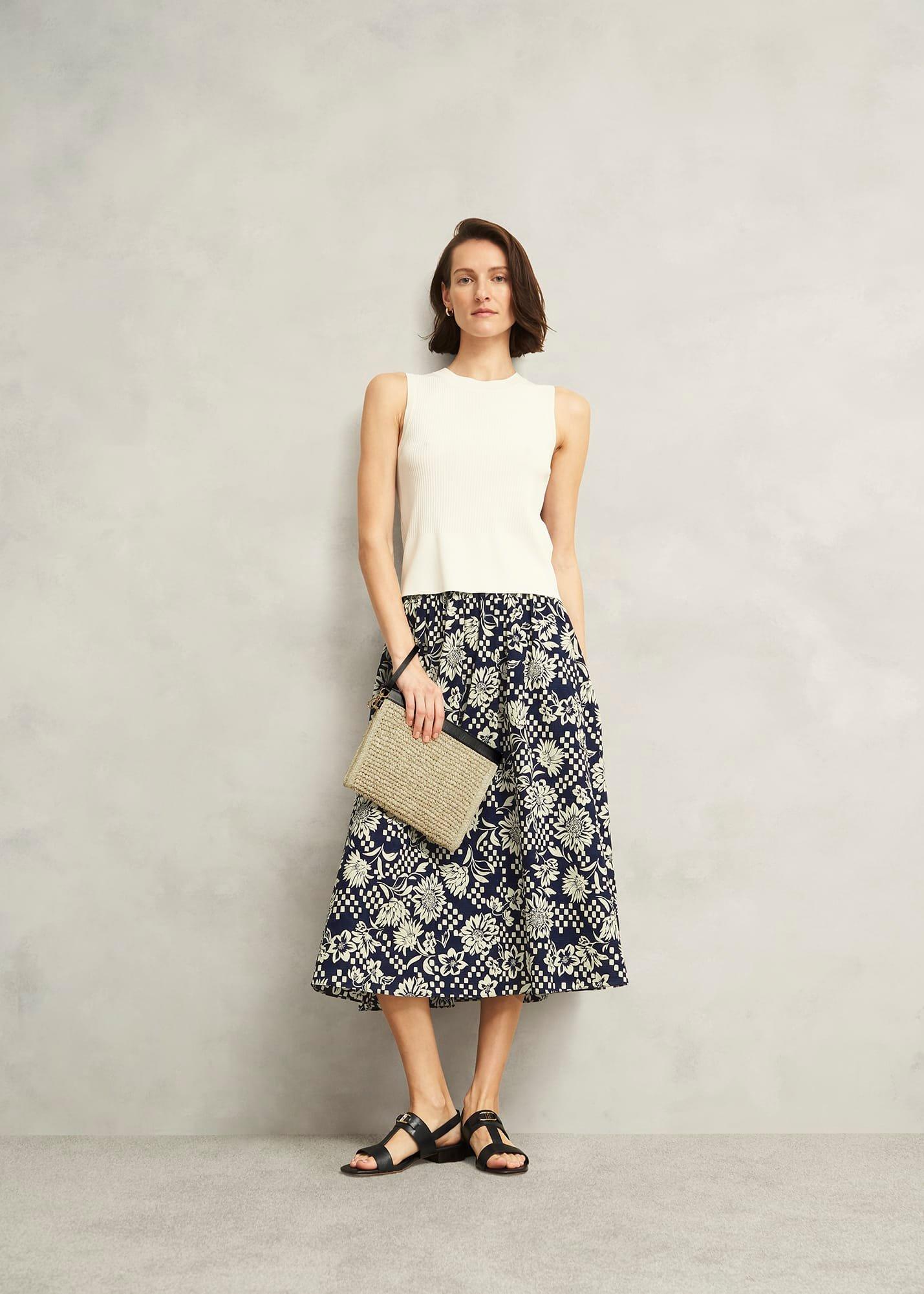 Rousham Cotton Midi Skirt, Navy Cream, hi-res