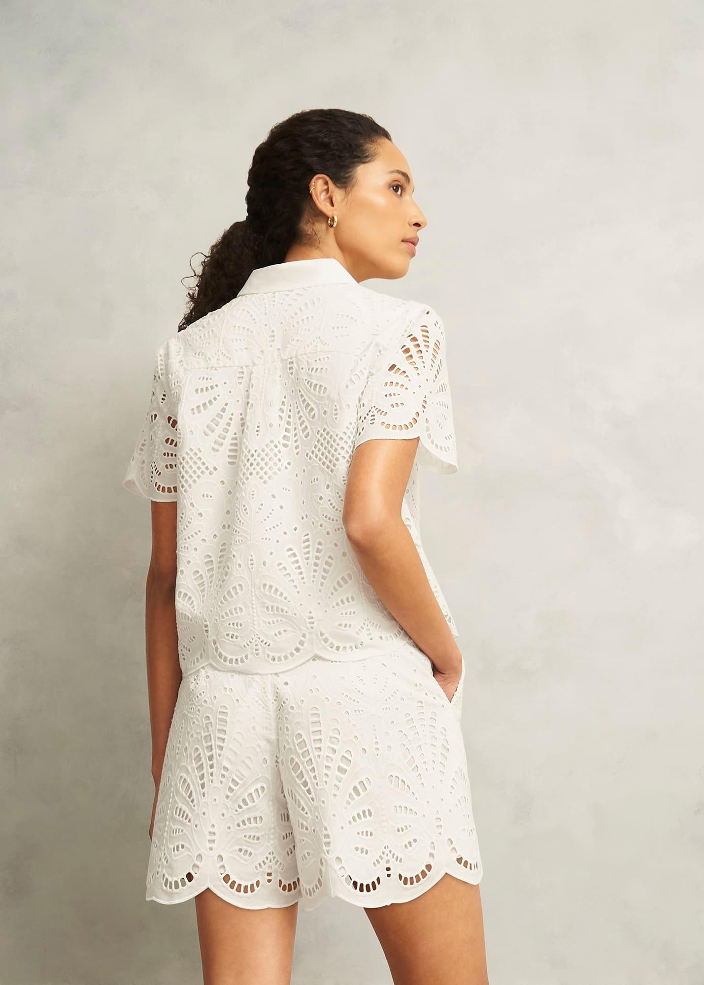 White Buscot Cotton Broderie Shorts, Hobbs White, hi-res