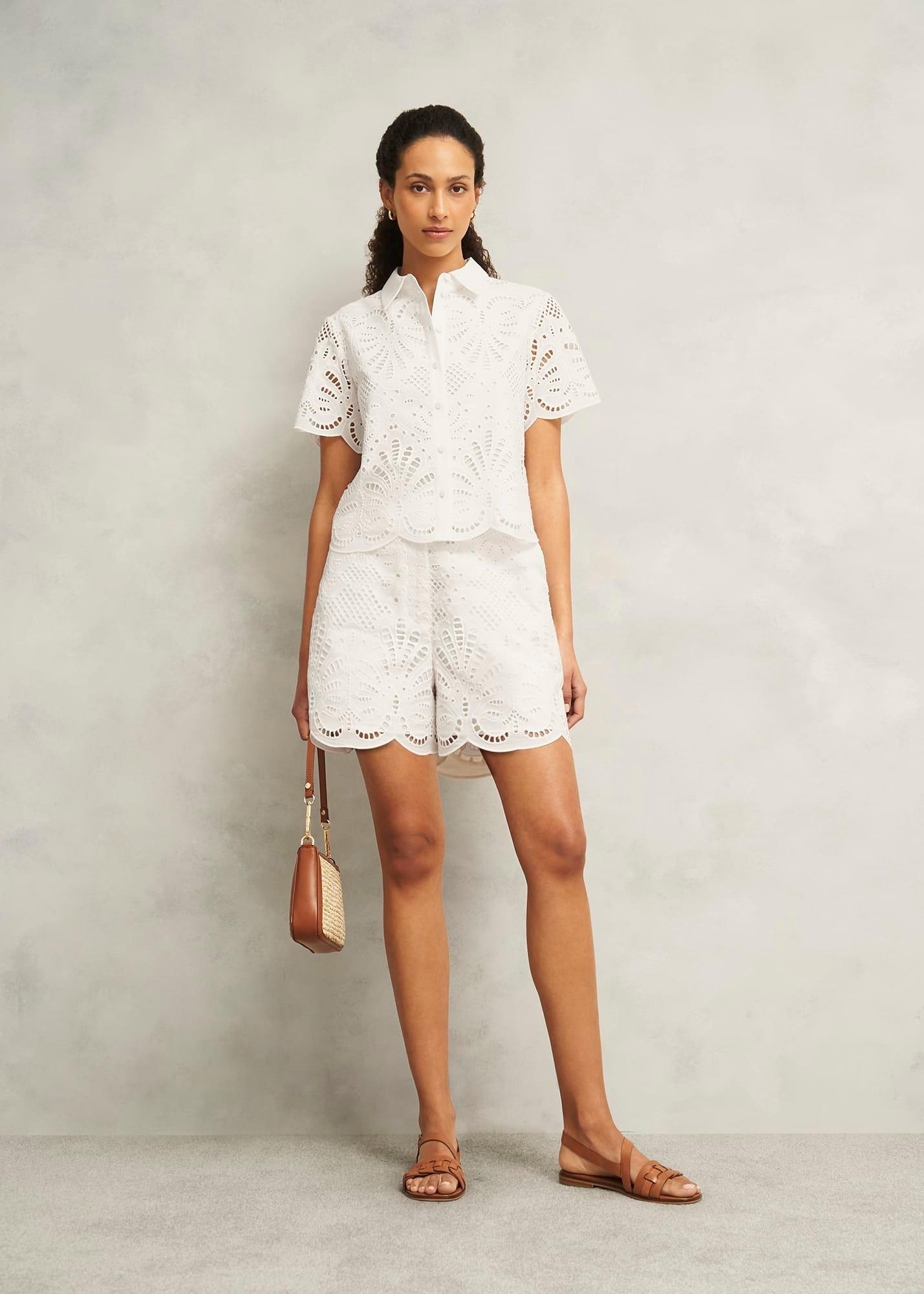 White Buscot Cotton Broderie Shorts, Hobbs White, hi-res