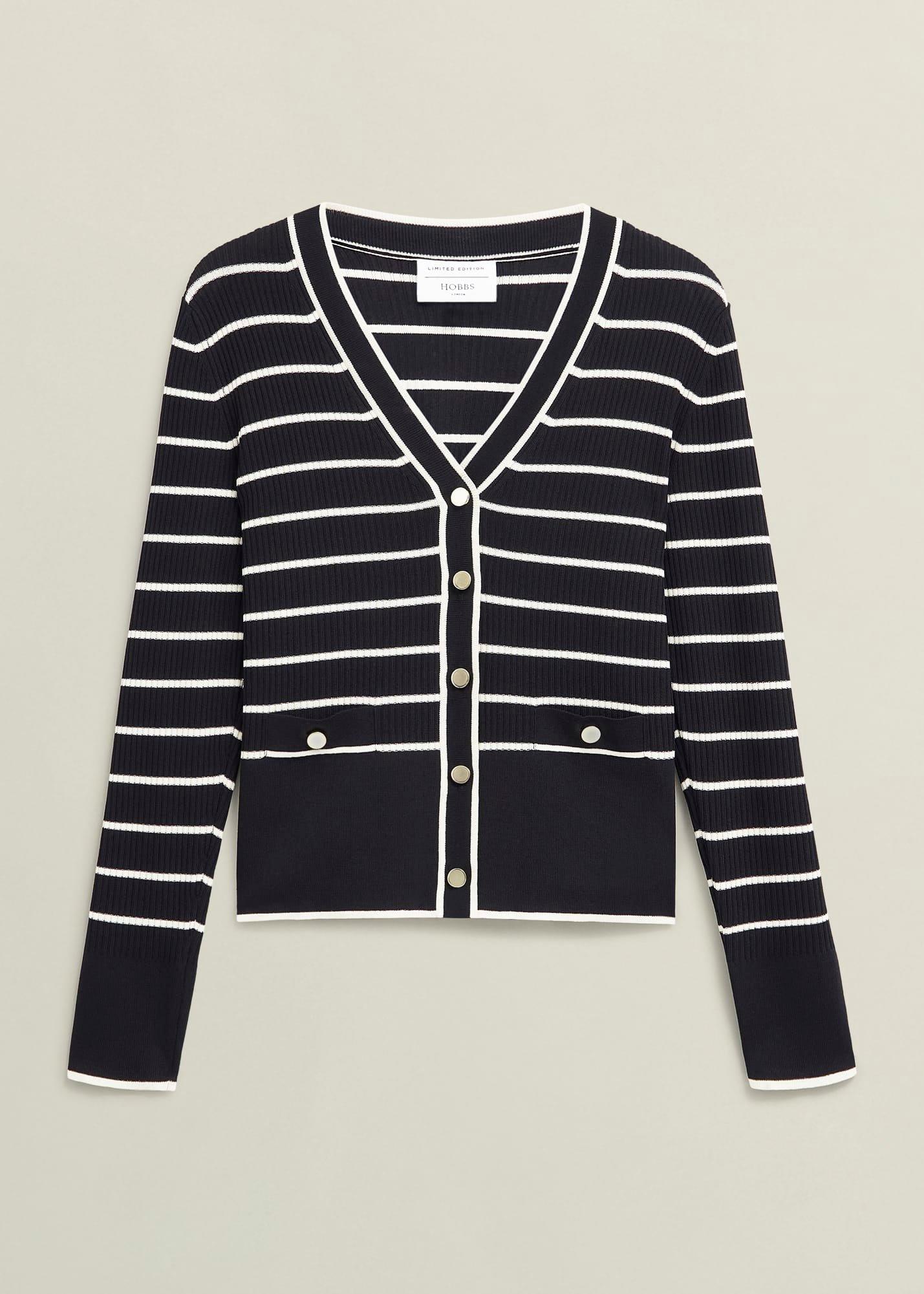 Black Belmont Striped Knitted V Neck Cardigan, Black Cream, hi-res