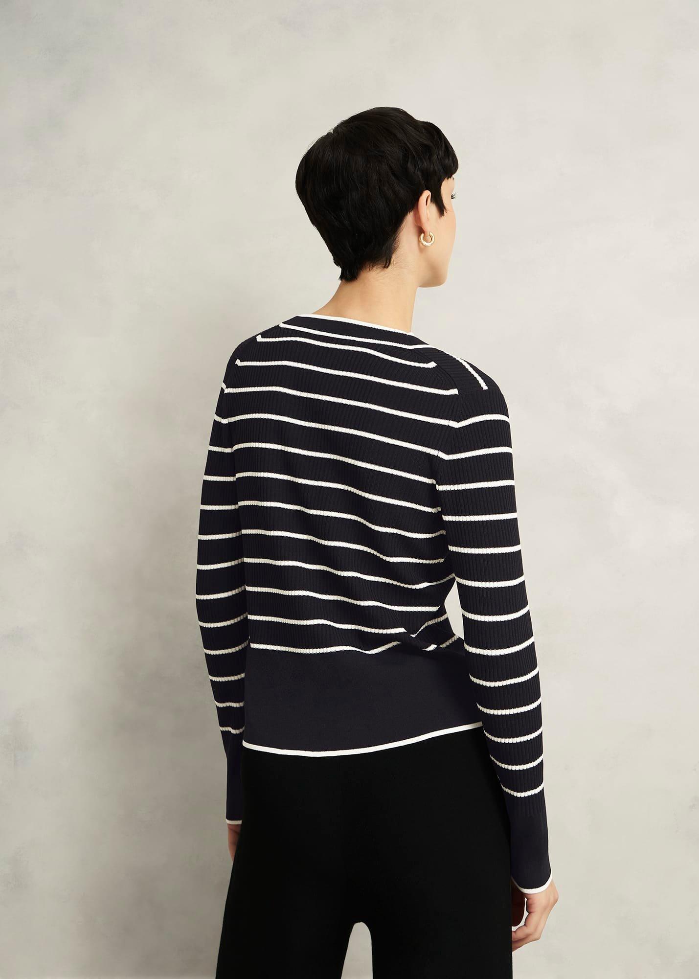 Black Belmont Striped Knitted V Neck Cardigan, Black Cream, hi-res