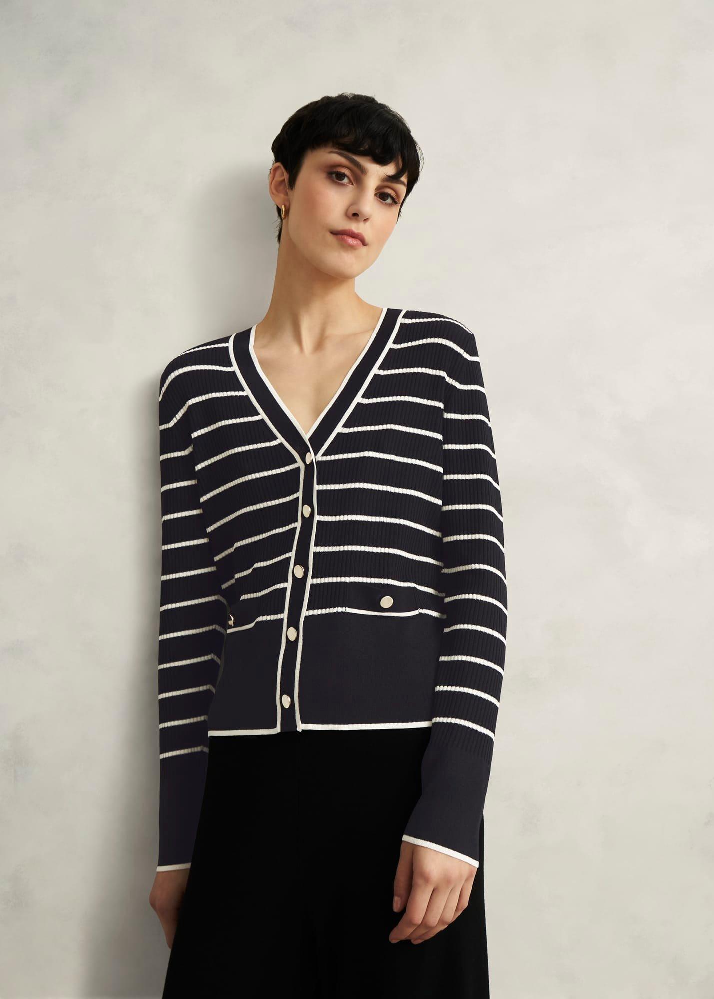 Black Belmont Striped Knitted V Neck Cardigan, Black Cream, hi-res