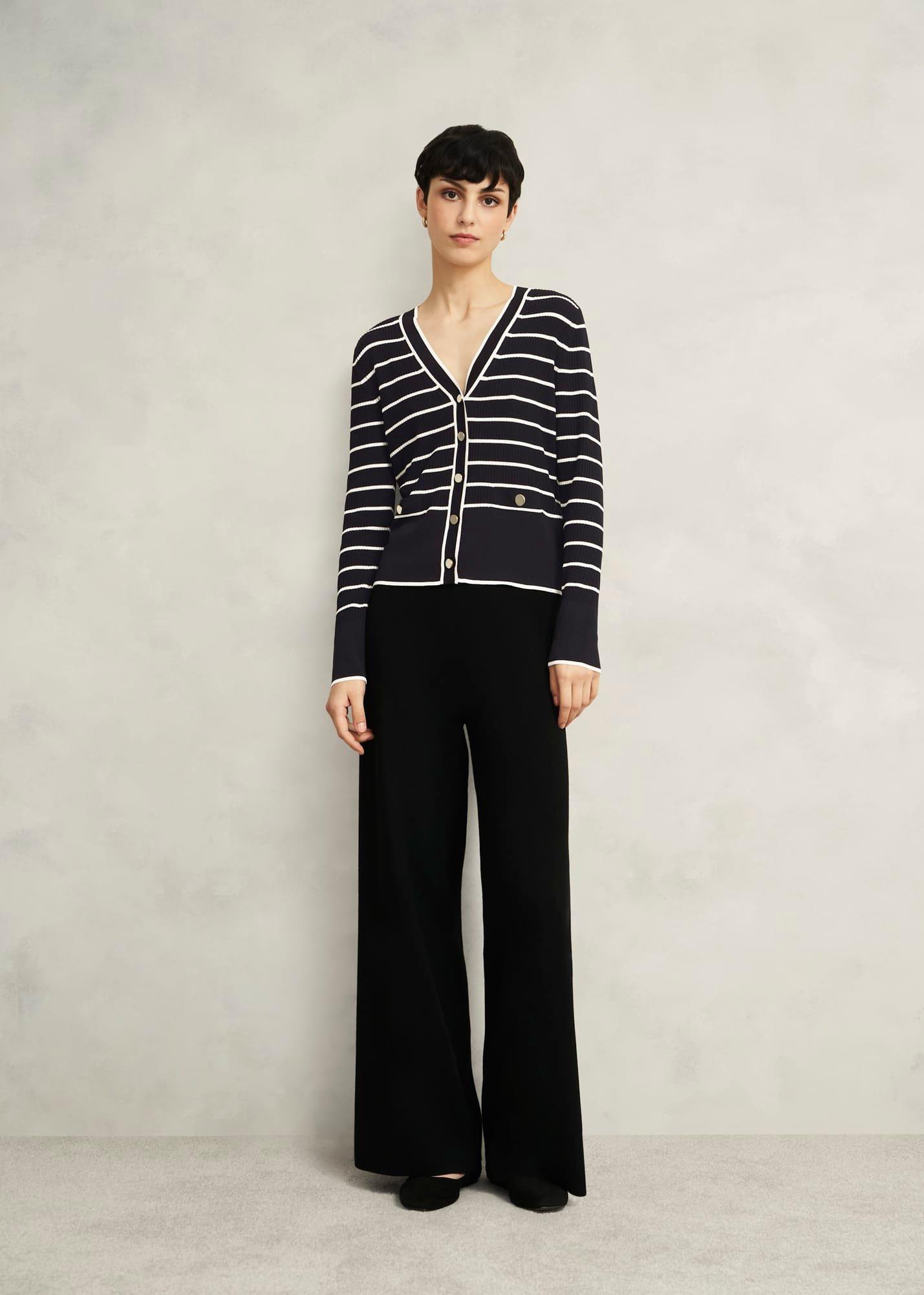Black Belmont Striped Knitted V Neck Cardigan, Black Cream, hi-res
