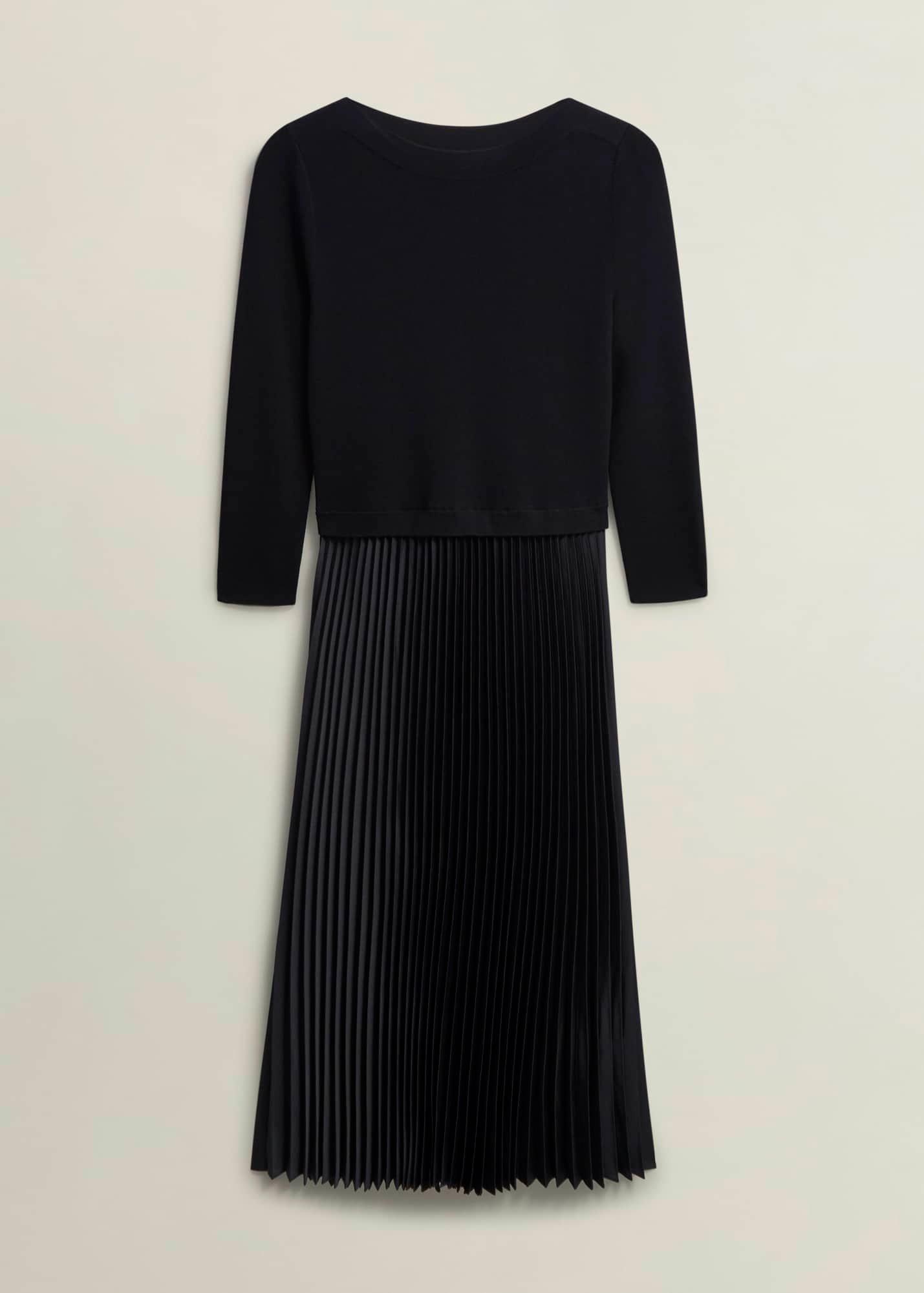 Lucinda Satin Pleated Knitted Dress, Black, hi-res