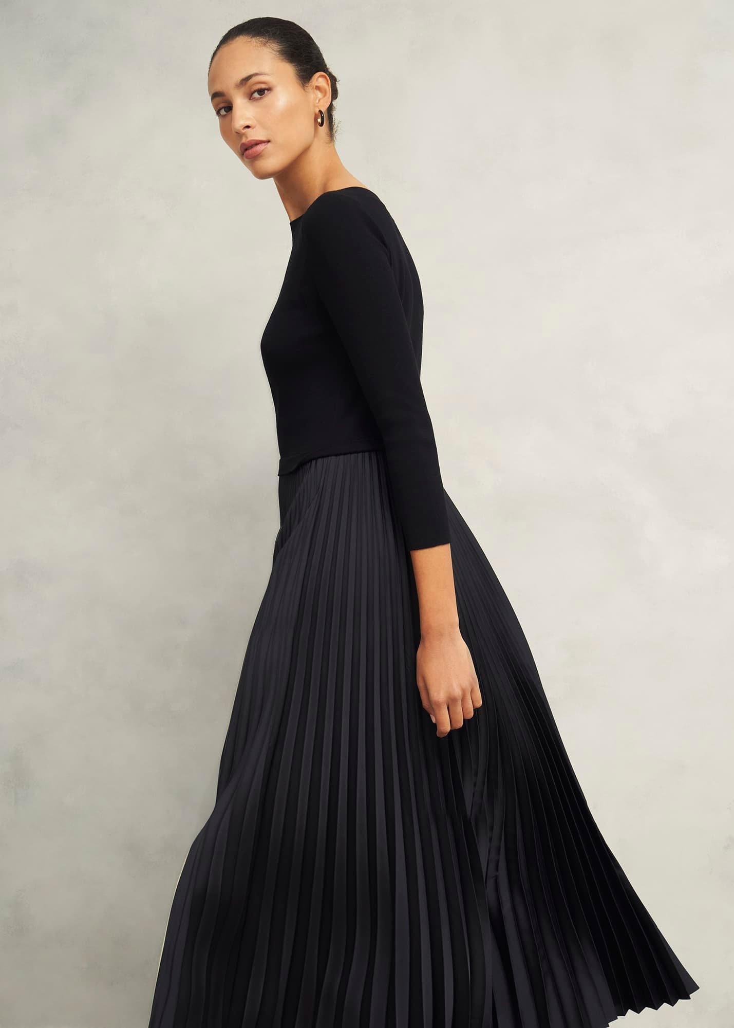Lucinda Satin Pleated Knitted Dress, Black, hi-res