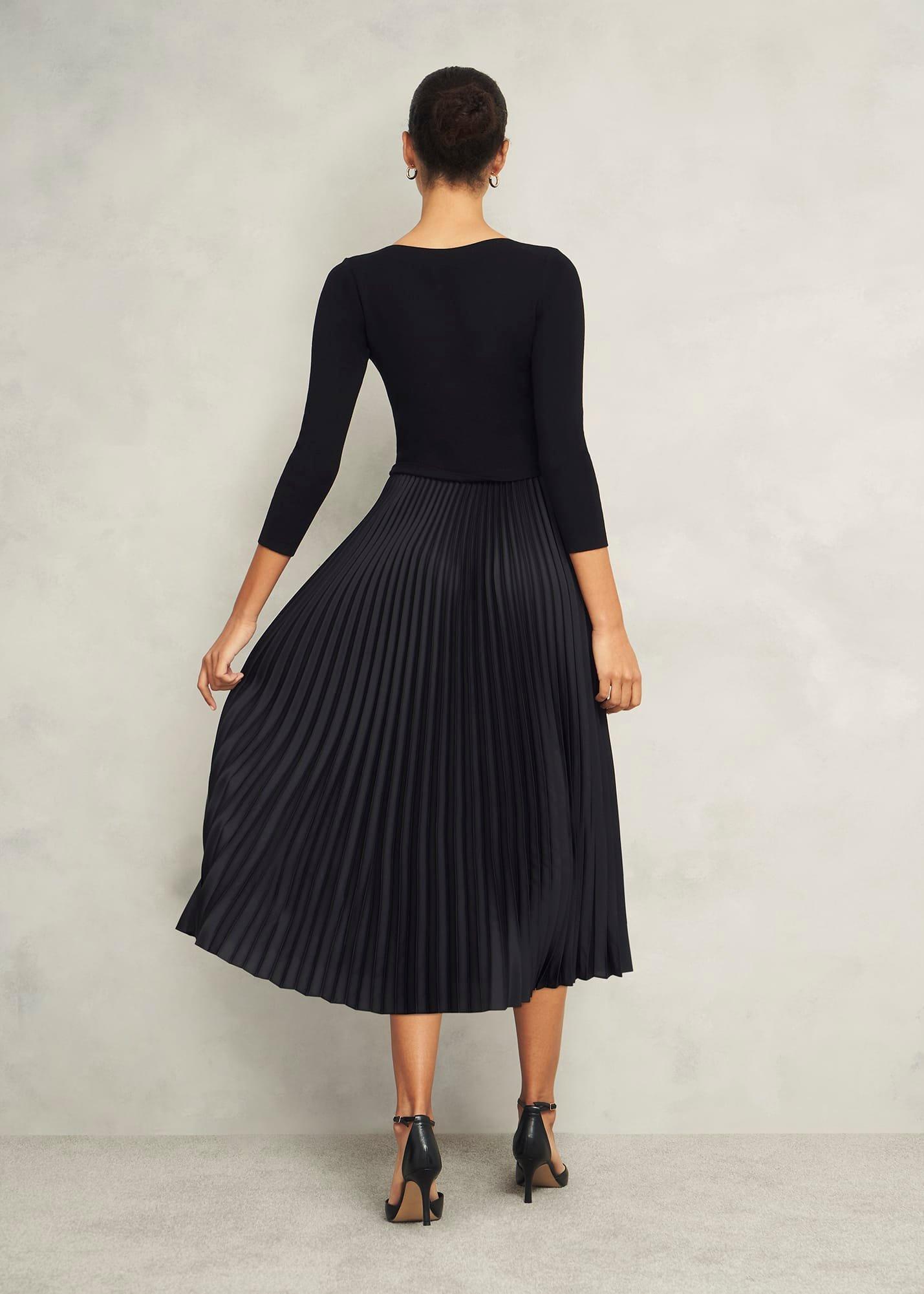 Lucinda Satin Pleated Knitted Dress, Black, hi-res