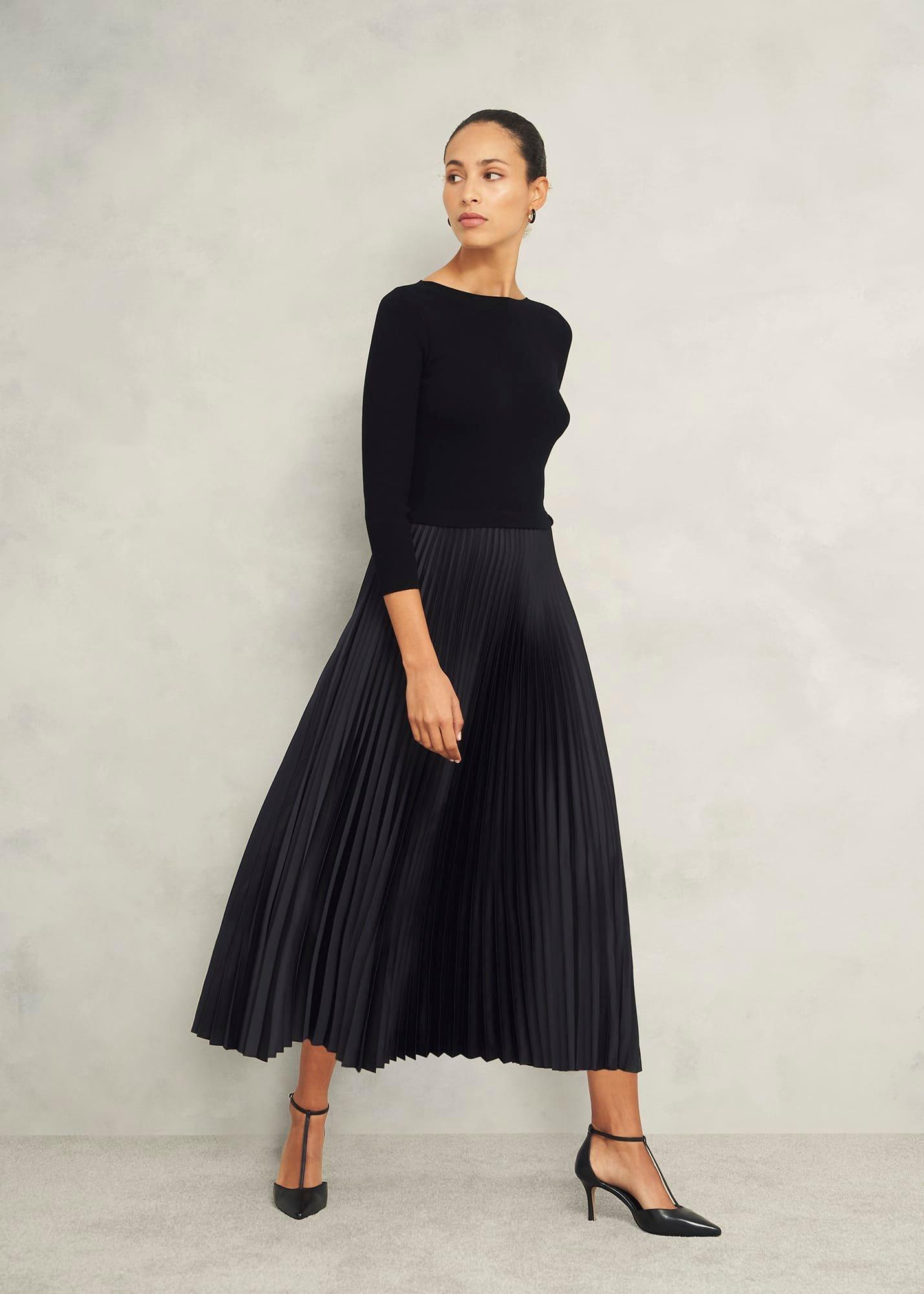 Lucinda Satin Pleated Knitted Dress, Black, hi-res