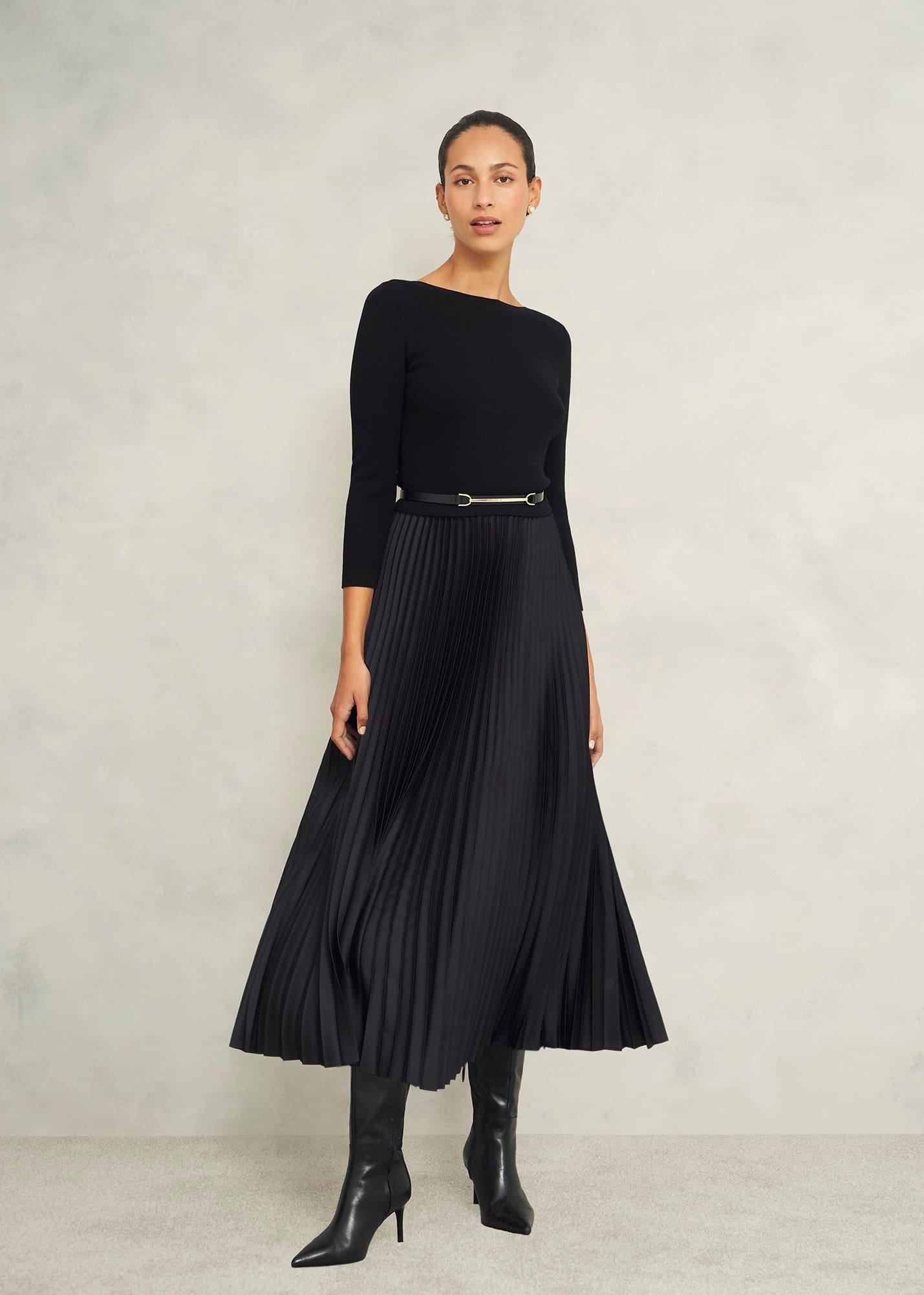 Lucinda Satin Pleated Knitted Dress, Black, hi-res