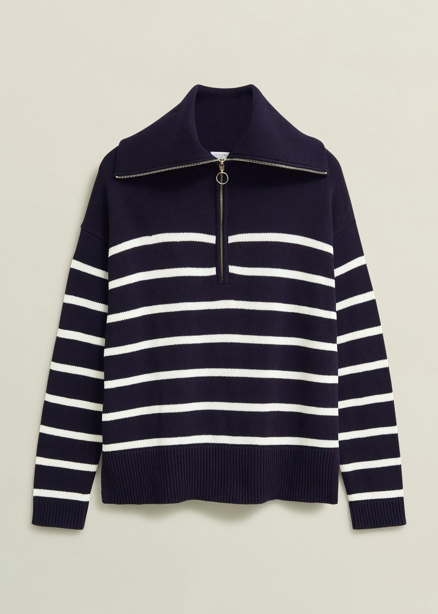 Amy Stripe Cotton Jumper, Warm Ivory Navy, hi-res
