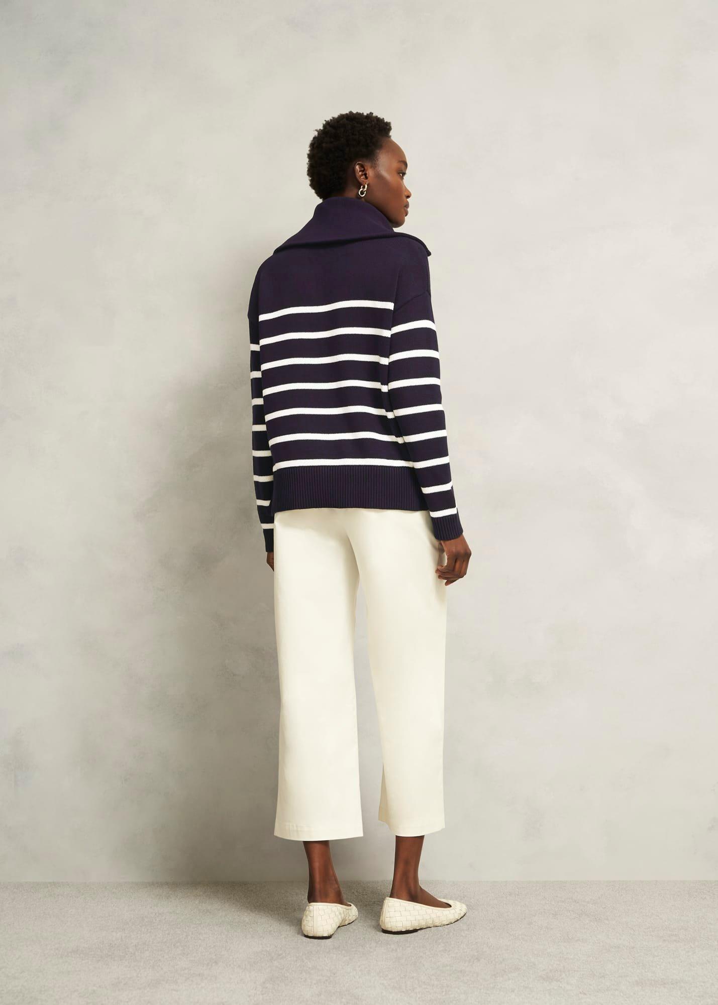 Amy Stripe Cotton Jumper, Warm Ivory Navy, hi-res