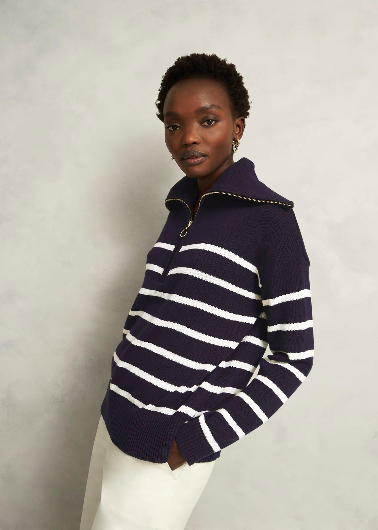 Amy Stripe Cotton Jumper, Warm Ivory Navy, hi-res