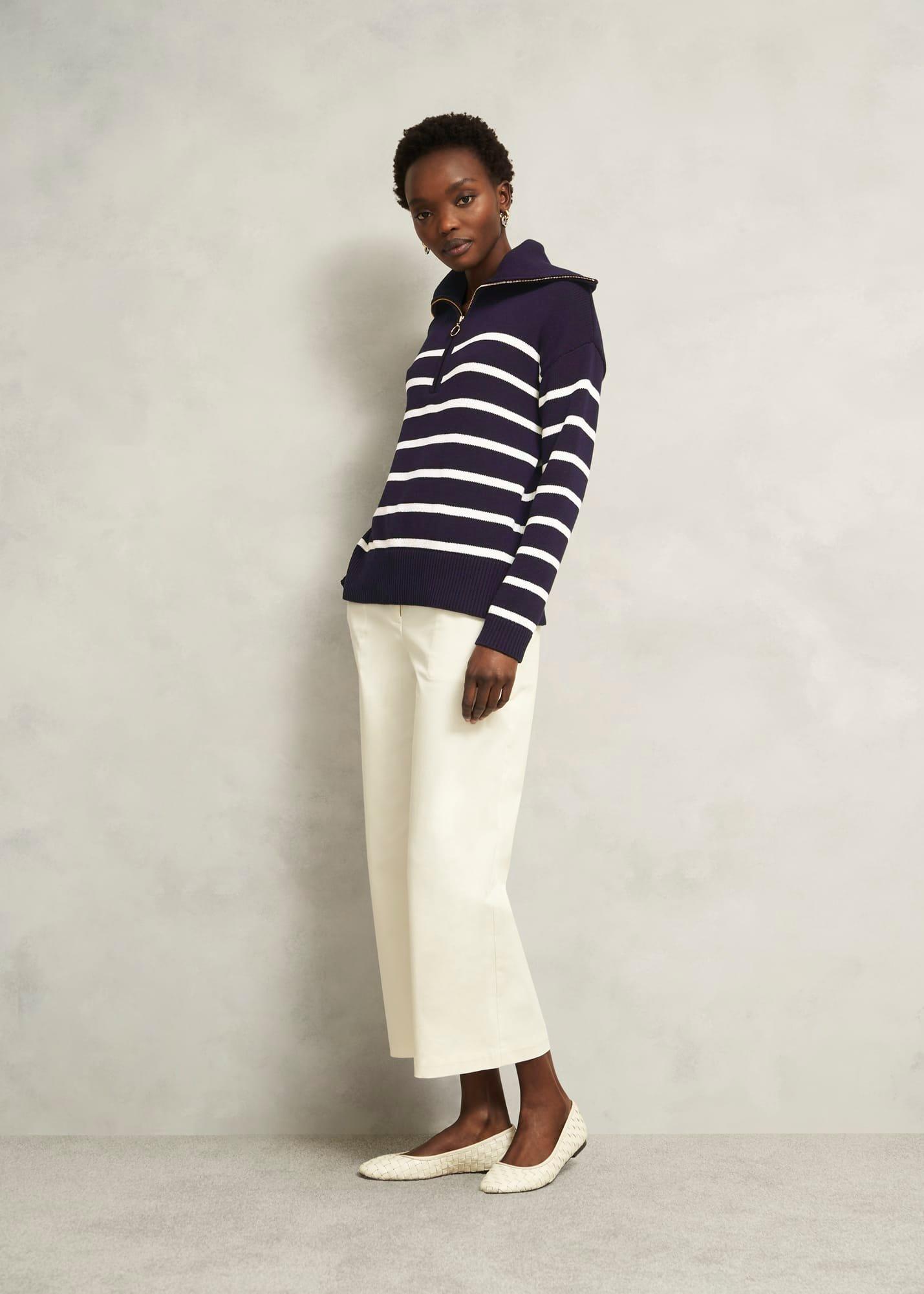 Amy Stripe Cotton Jumper, Warm Ivory Navy, hi-res