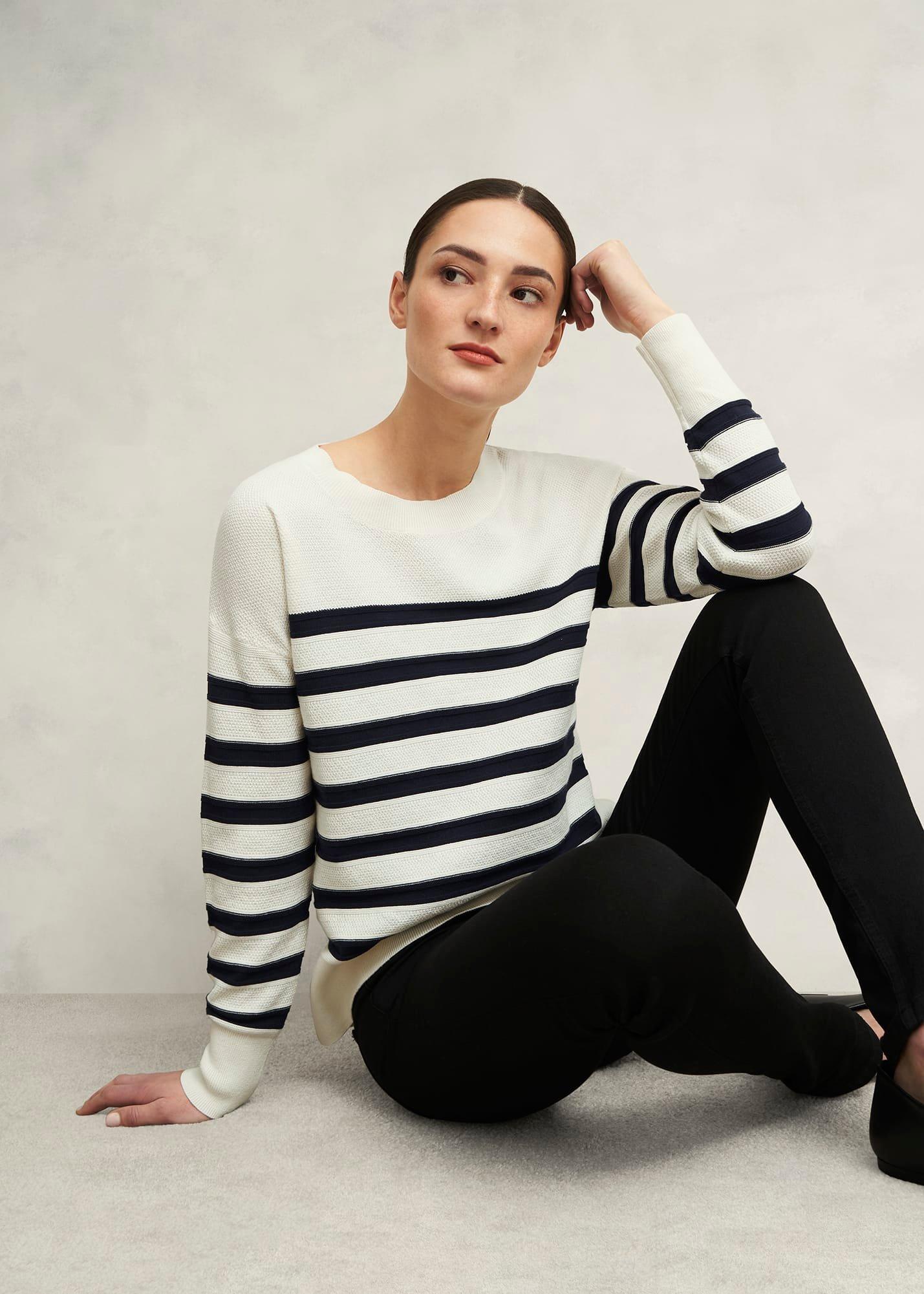 Amoura Striped Cotton Jumper, Ivory Navy, hi-res