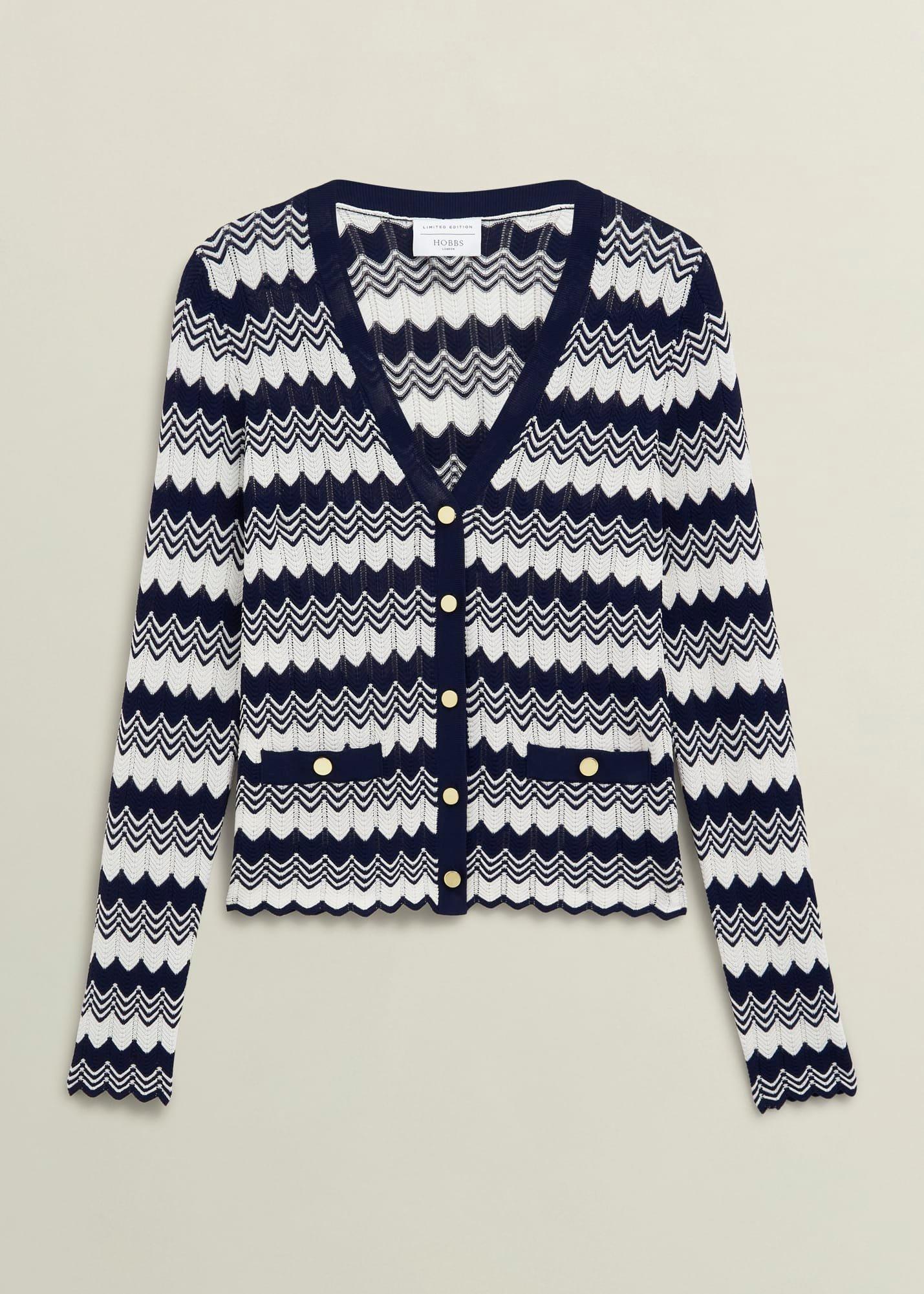 Navy Osterley Chevron Stripe V Neck Knitted Cardigan, Navy Ivory, hi-res