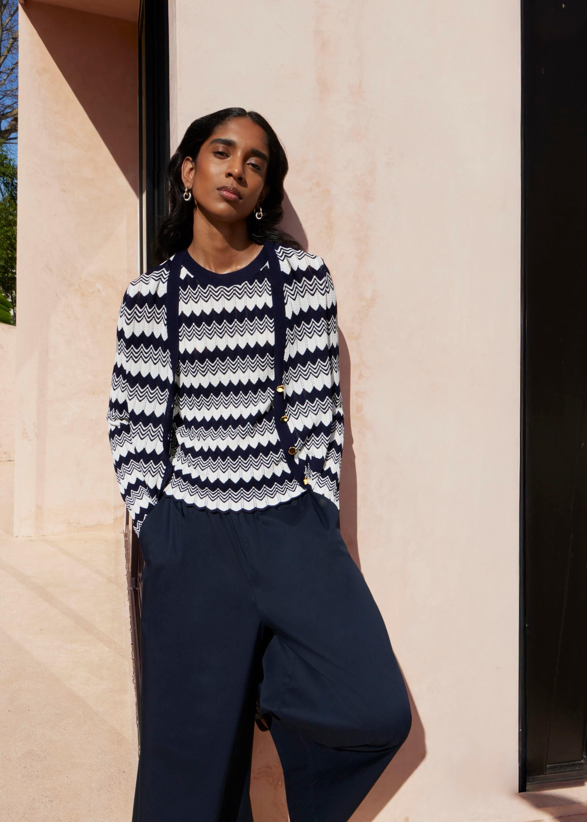 Navy Osterley Chevron Stripe V Neck Knitted Cardigan