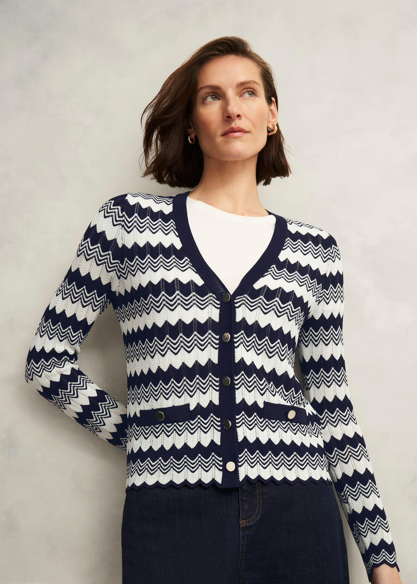 Navy Osterley Chevron Stripe V Neck Knitted Cardigan, Navy Ivory, hi-res