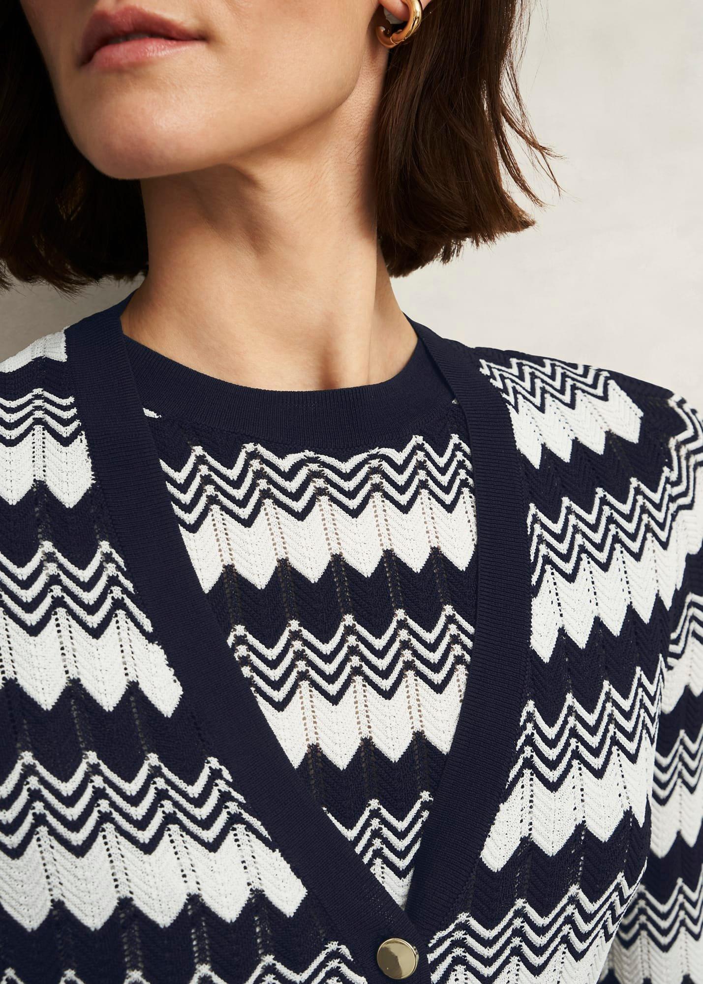 Navy Osterley Chevron Stripe V Neck Knitted Cardigan, Navy Ivory, hi-res