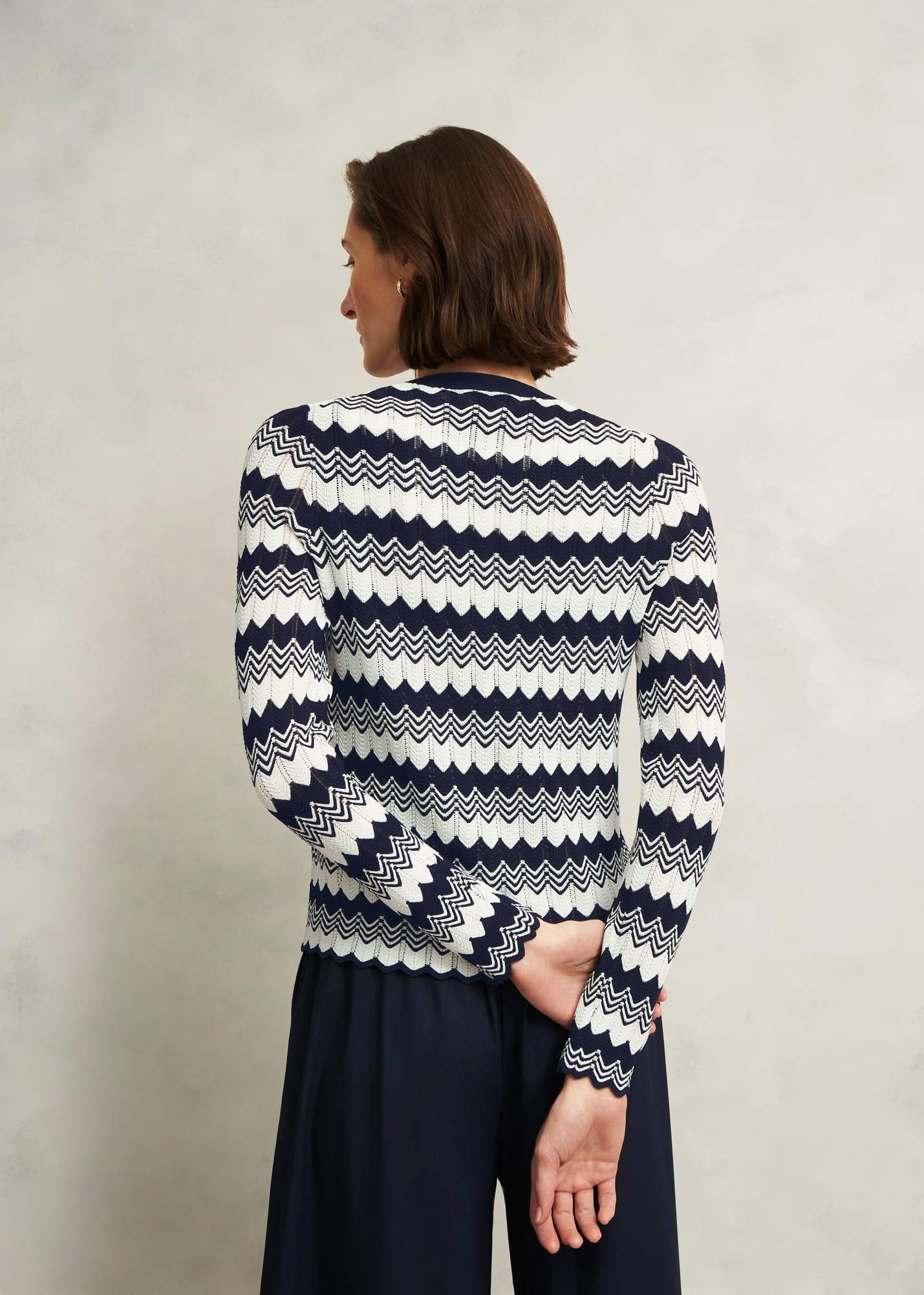 Navy Osterley Chevron Stripe V Neck Knitted Cardigan, Navy Ivory, hi-res