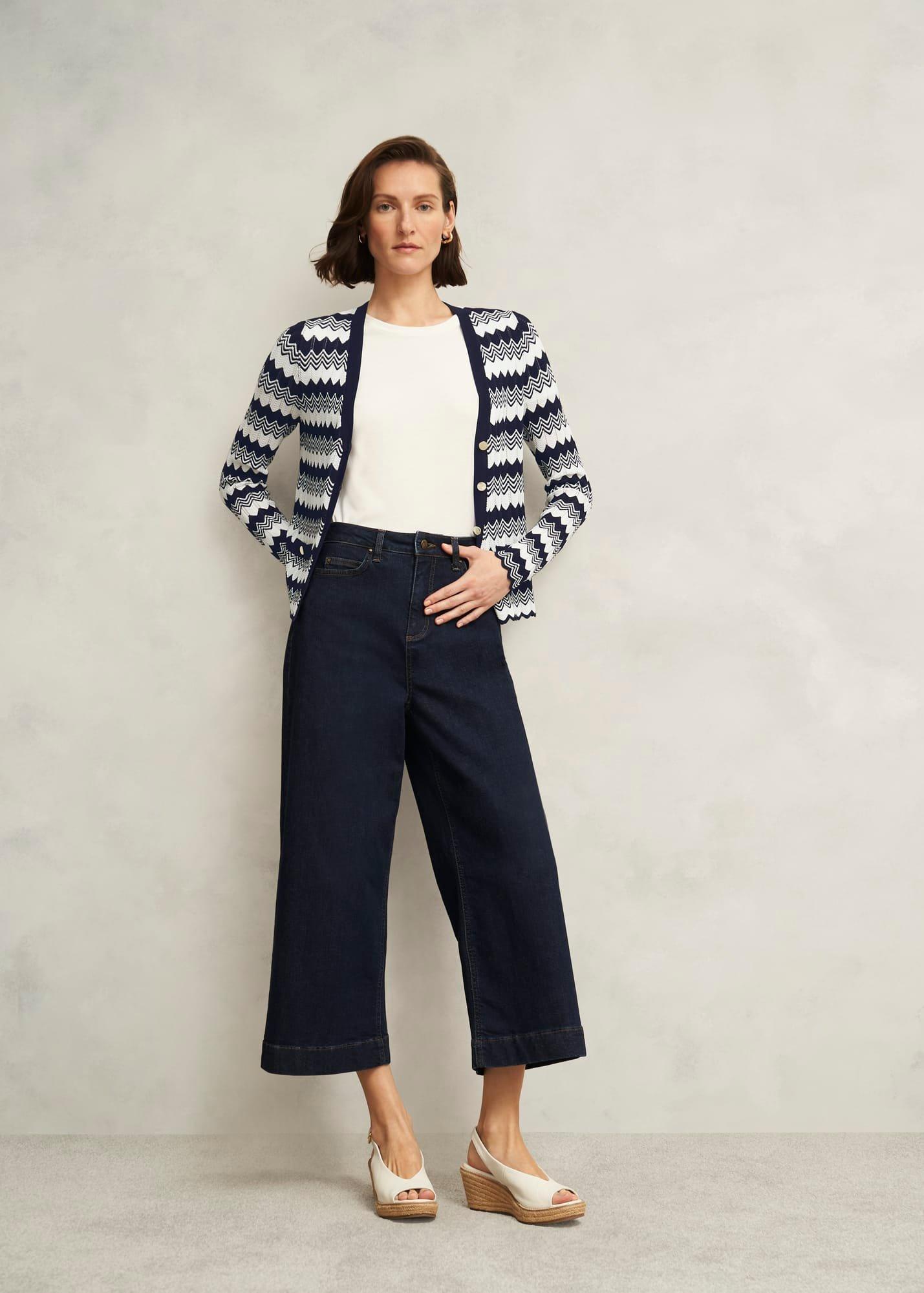 Navy Osterley Chevron Stripe V Neck Knitted Cardigan, Navy Ivory, hi-res